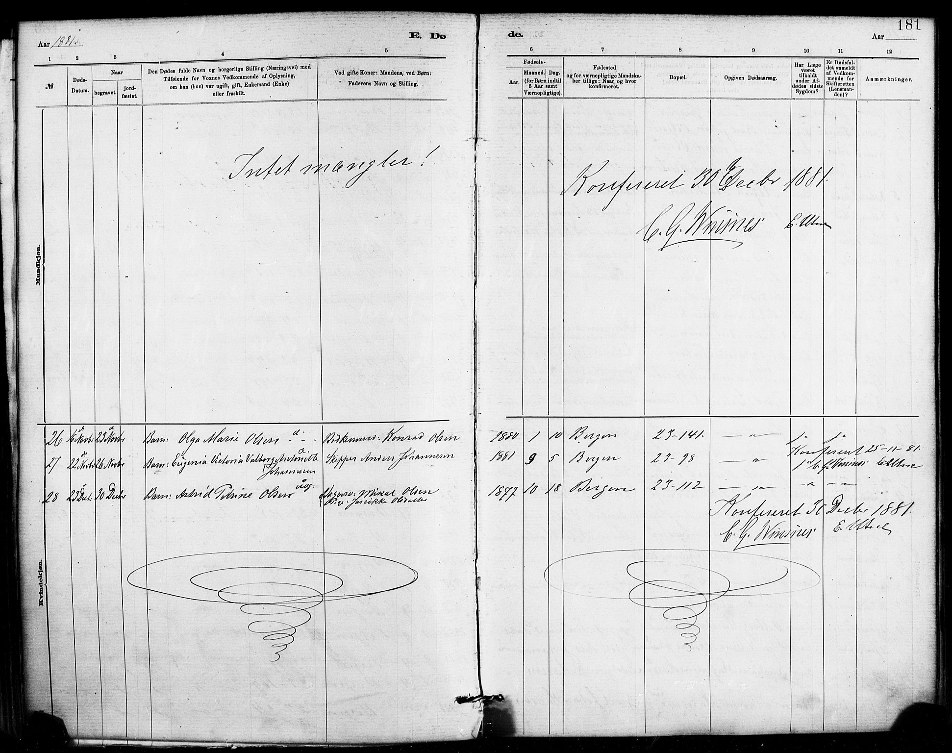 Mariakirken Sokneprestembete, AV/SAB-A-76901/H/Haa/L0007: Parish register (official) no. A 7, 1878-1893, p. 181