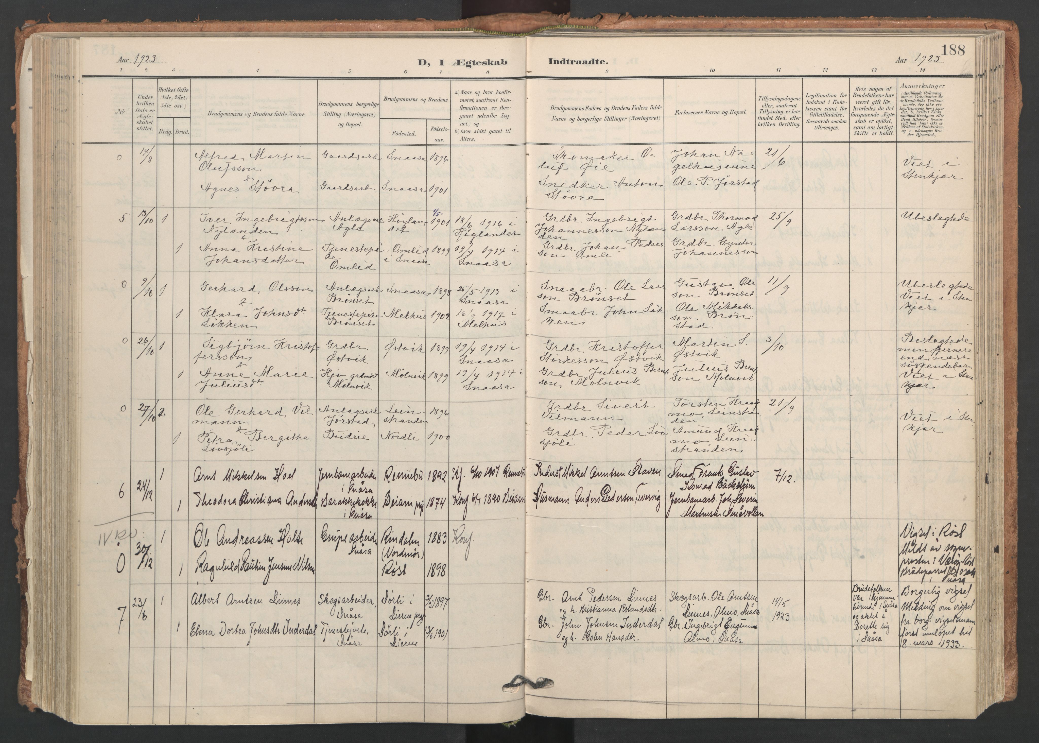 Ministerialprotokoller, klokkerbøker og fødselsregistre - Nord-Trøndelag, SAT/A-1458/749/L0477: Parish register (official) no. 749A11, 1902-1927, p. 188