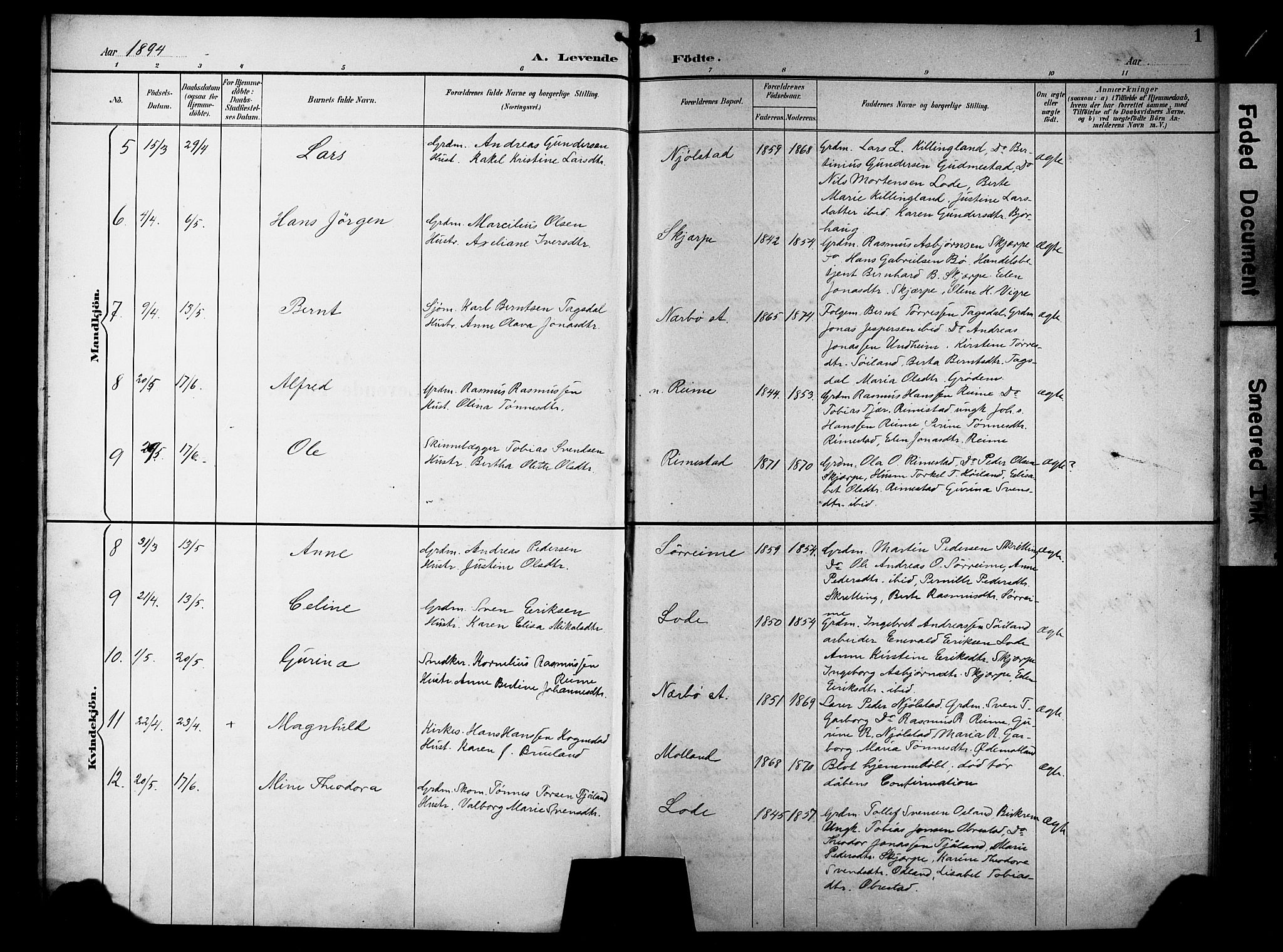 Hå sokneprestkontor, AV/SAST-A-101801/001/30BB/L0005: Parish register (copy) no. B 5, 1894-1912, p. 1