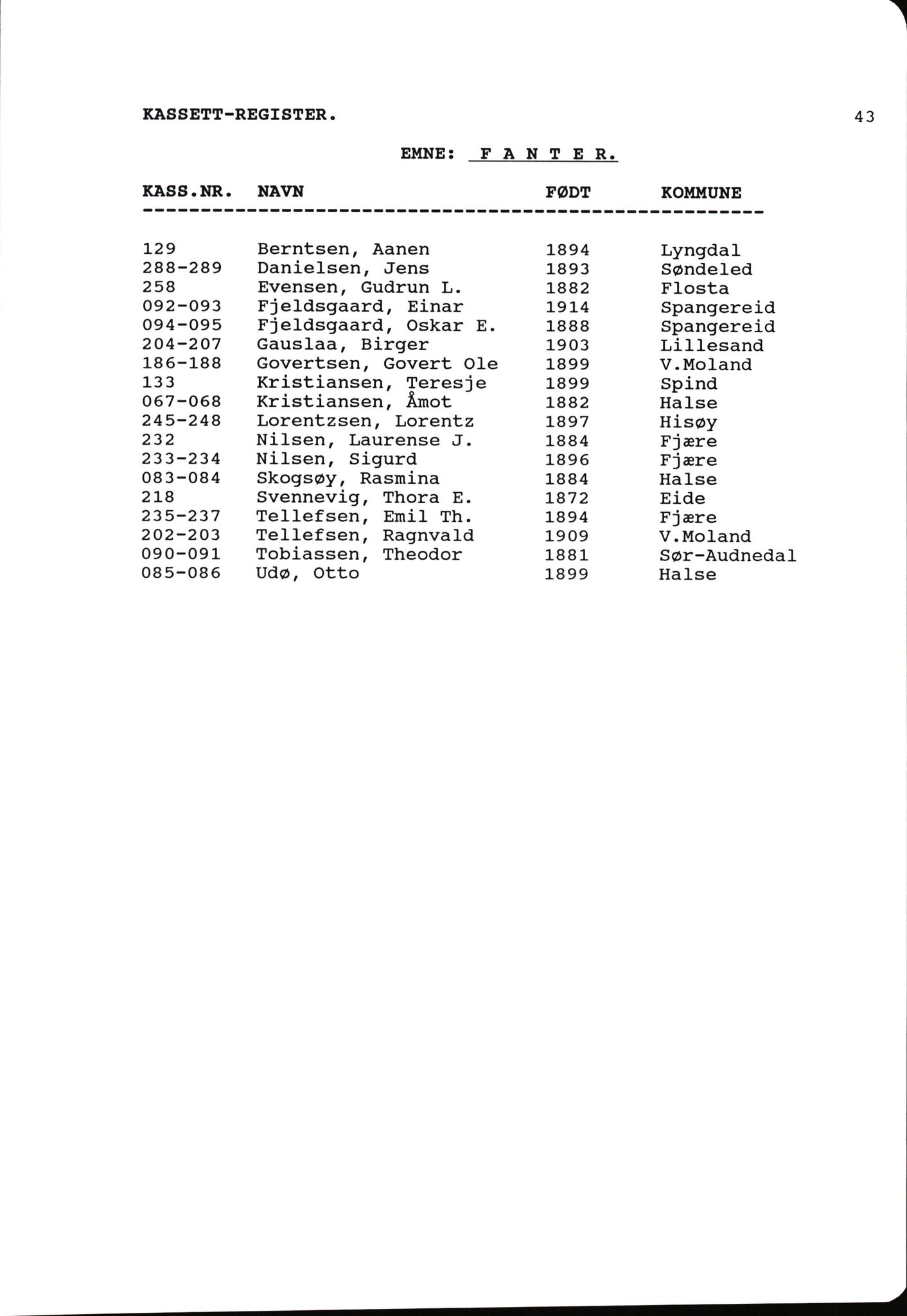 Hartvig W. Dannevig, AV/SAK-D/0508/F/Fb/L0012C: Katalog og sammendrag over Hartvig Dannevigs samling av intervjuer om kystkultur på Agder, 1964-1972