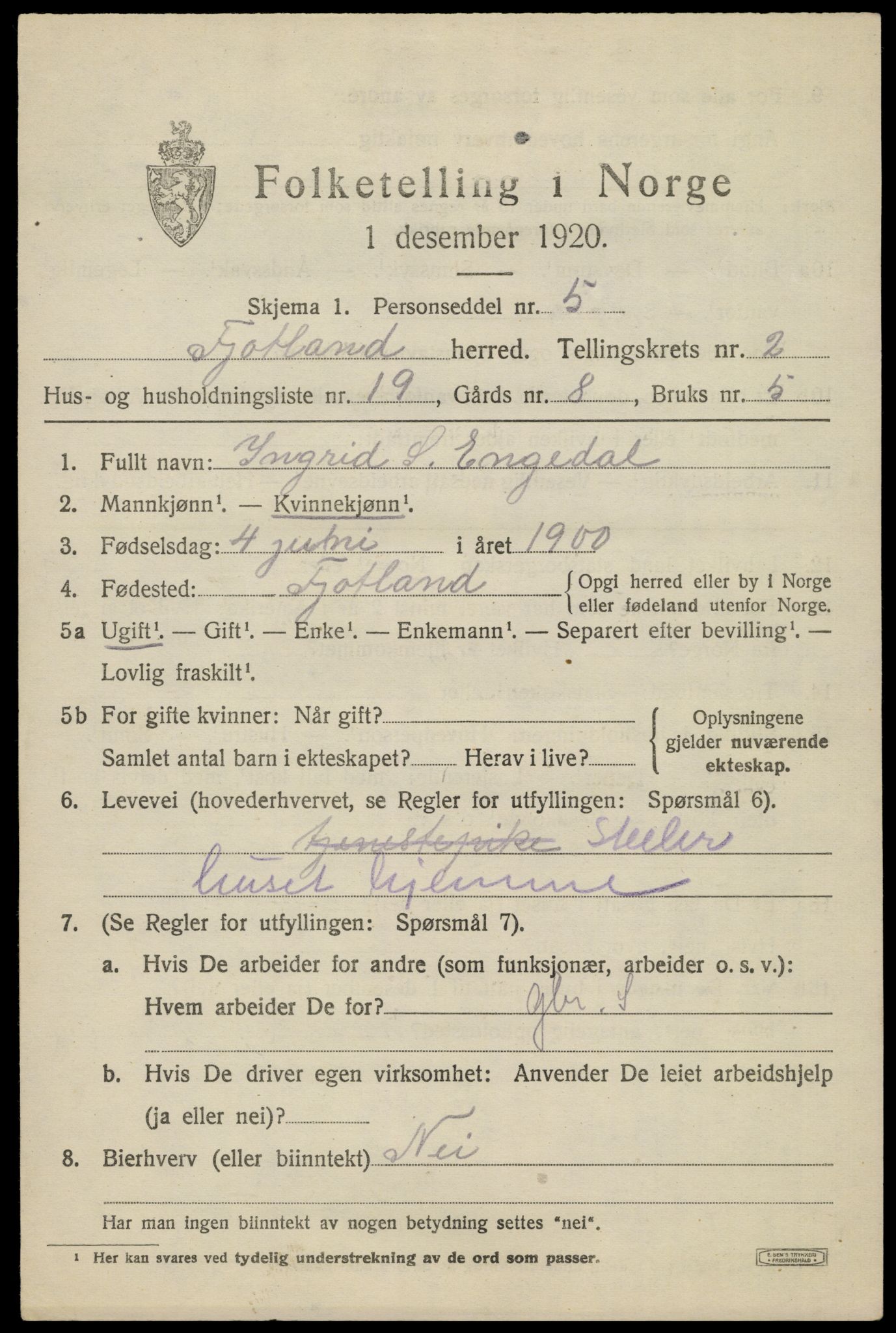 SAK, 1920 census for Fjotland, 1920, p. 884