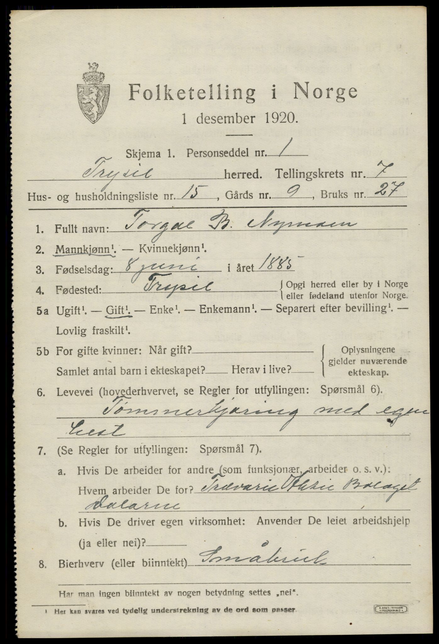 SAH, 1920 census for Trysil, 1920, p. 5377
