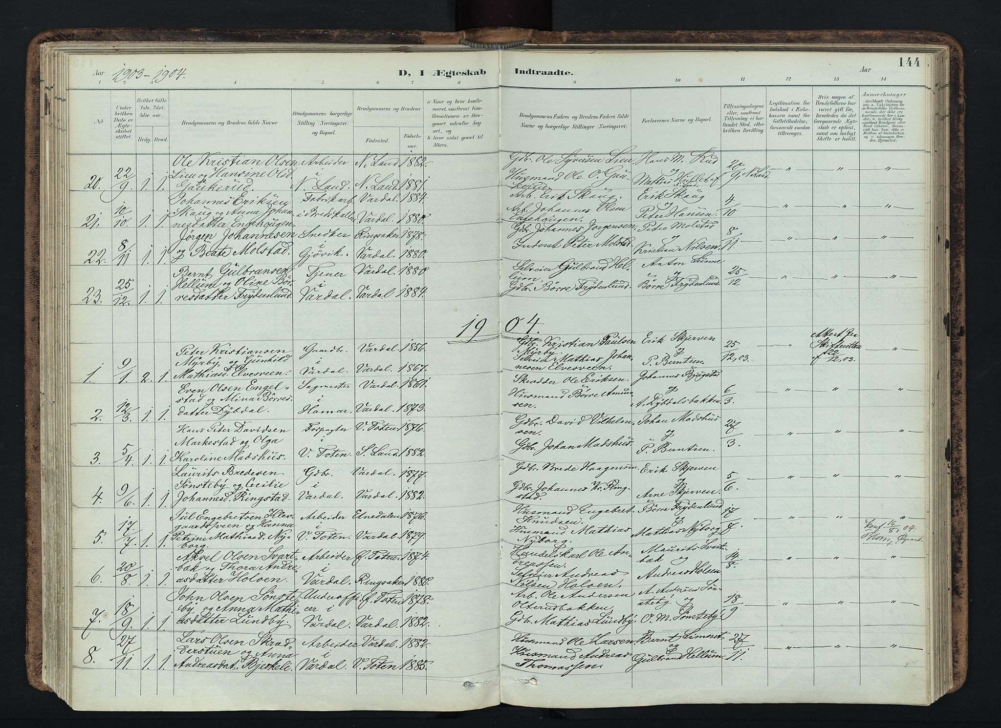 Vardal prestekontor, SAH/PREST-100/H/Ha/Haa/L0019: Parish register (official) no. 19, 1893-1907, p. 144