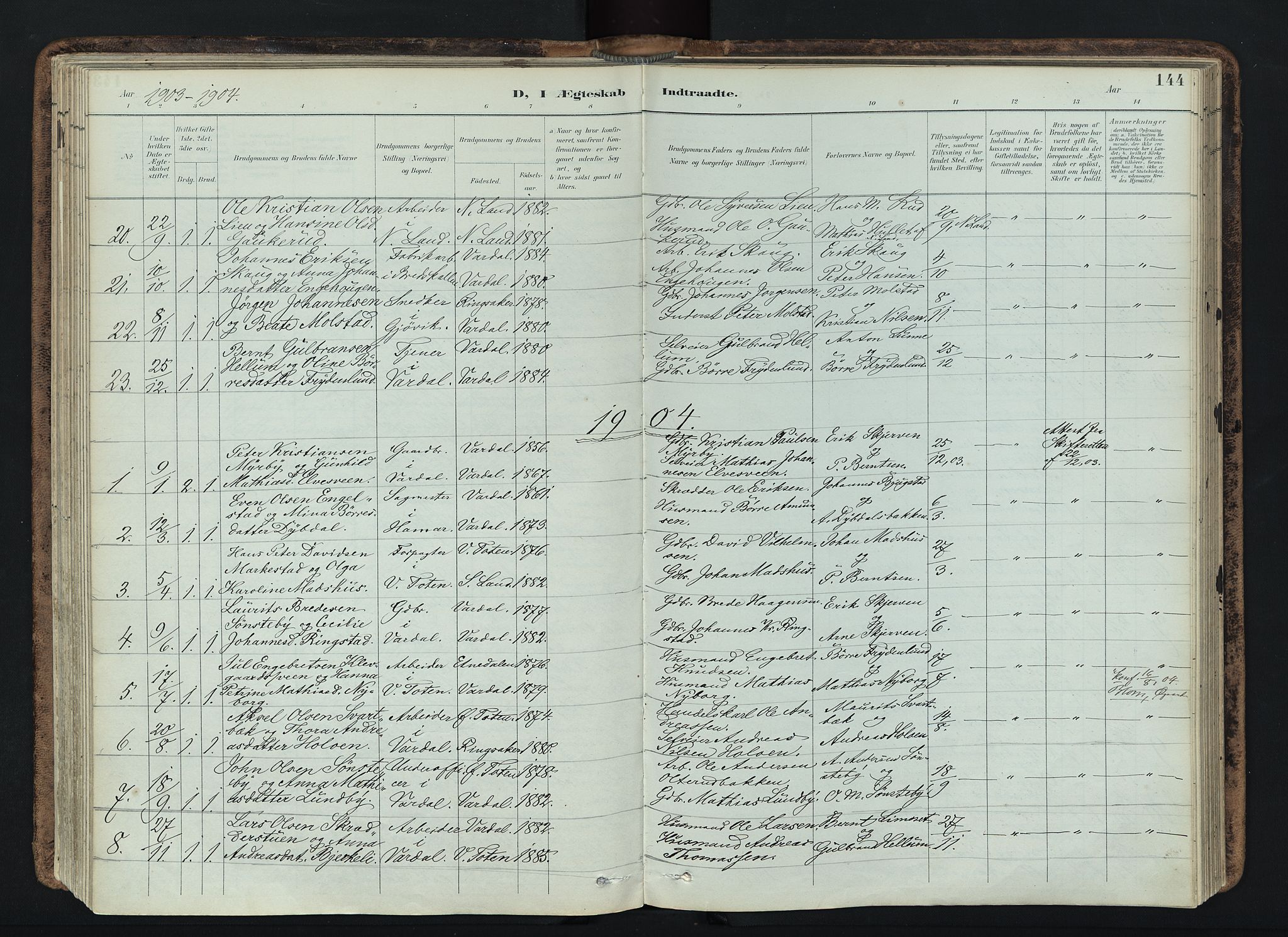 Vardal prestekontor, AV/SAH-PREST-100/H/Ha/Haa/L0019: Parish register (official) no. 19, 1893-1907, p. 144