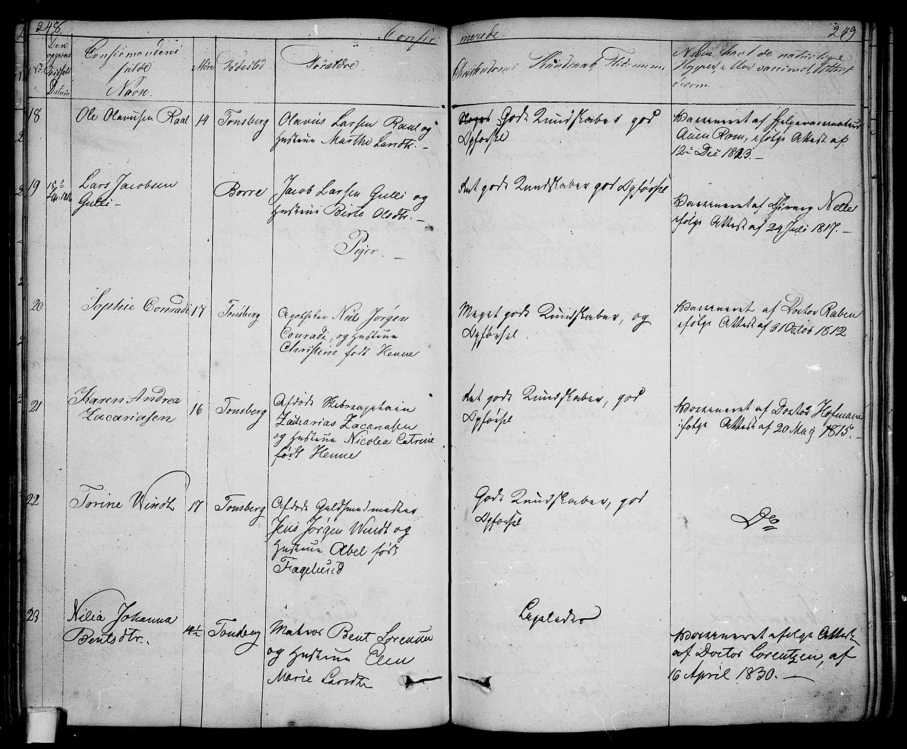 Tønsberg kirkebøker, AV/SAKO-A-330/F/Fa/L0005: Parish register (official) no. I 5, 1827-1836, p. 248-249