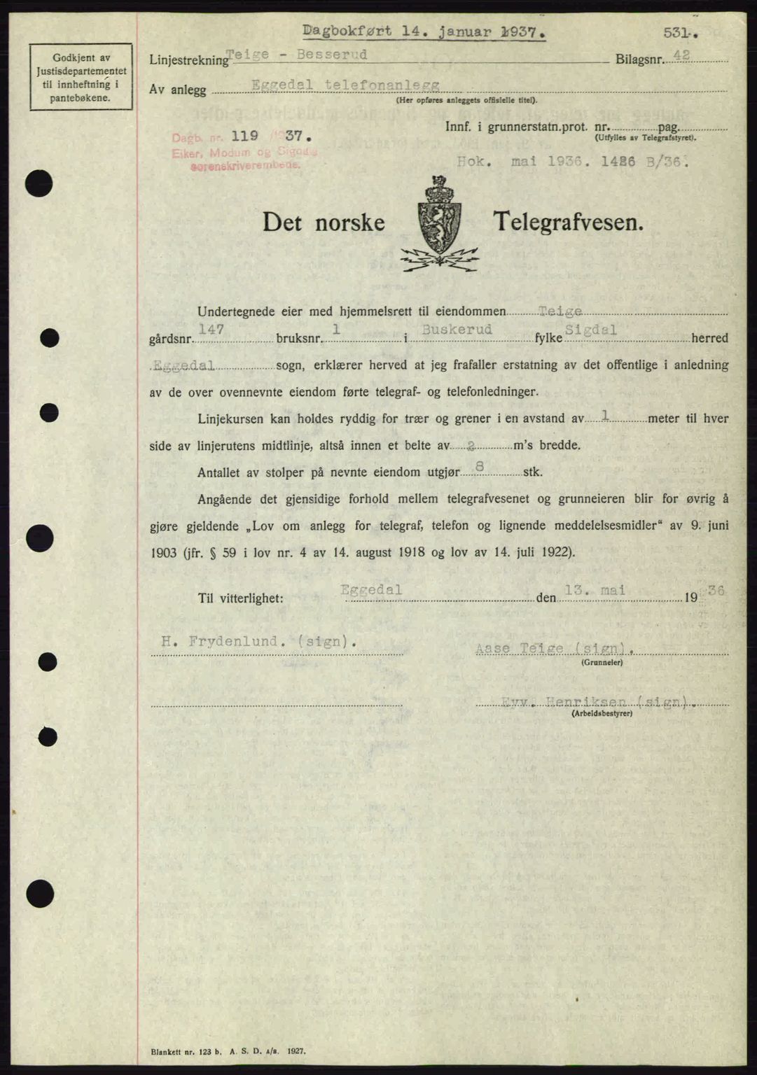 Eiker, Modum og Sigdal sorenskriveri, SAKO/A-123/G/Ga/Gab/L0034: Mortgage book no. A4, 1936-1937, Diary no: : 119/1937