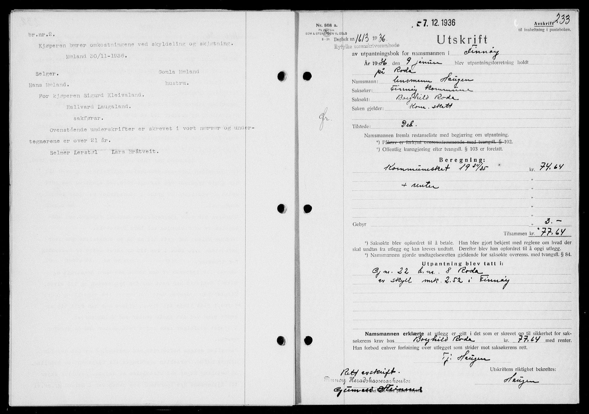 Ryfylke tingrett, AV/SAST-A-100055/001/II/IIB/L0074: Mortgage book no. 53, 1936-1937, Diary no: : 1613/1936