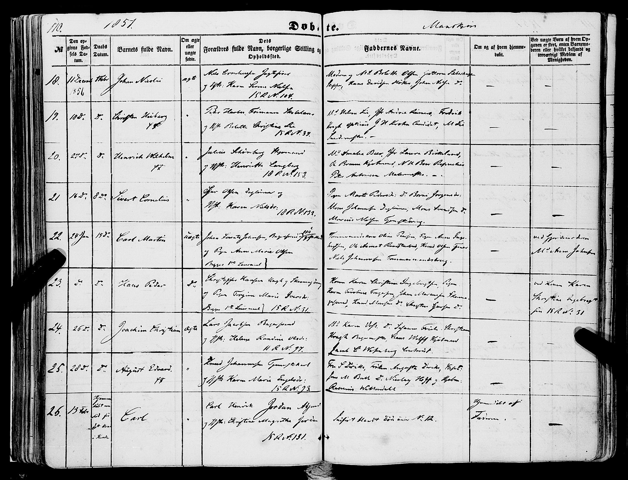 Domkirken sokneprestembete, AV/SAB-A-74801/H/Haa/L0020: Parish register (official) no. B 3, 1851-1859, p. 110