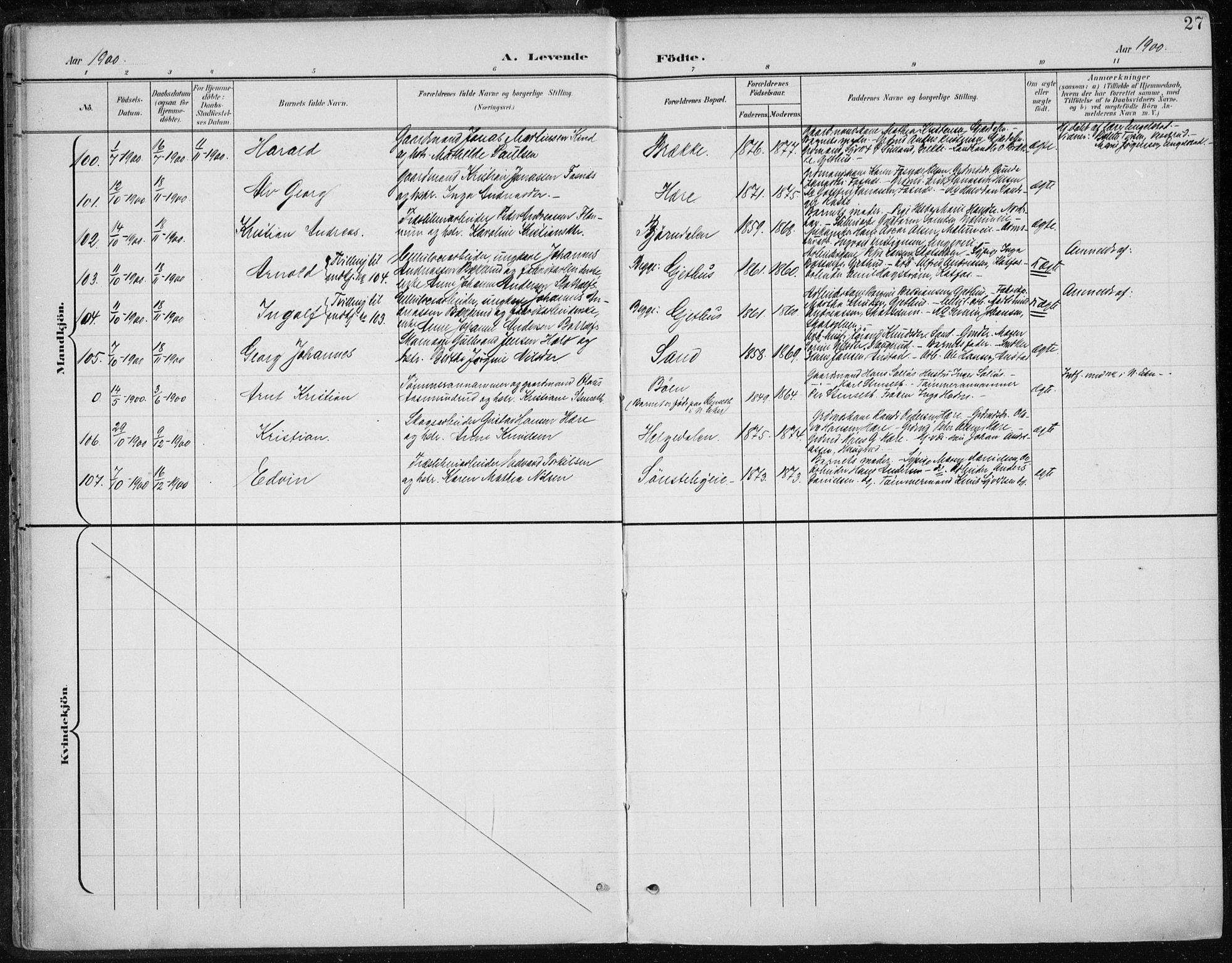 Modum kirkebøker, AV/SAKO-A-234/F/Fa/L0013: Parish register (official) no. 13, 1899-1907, p. 27