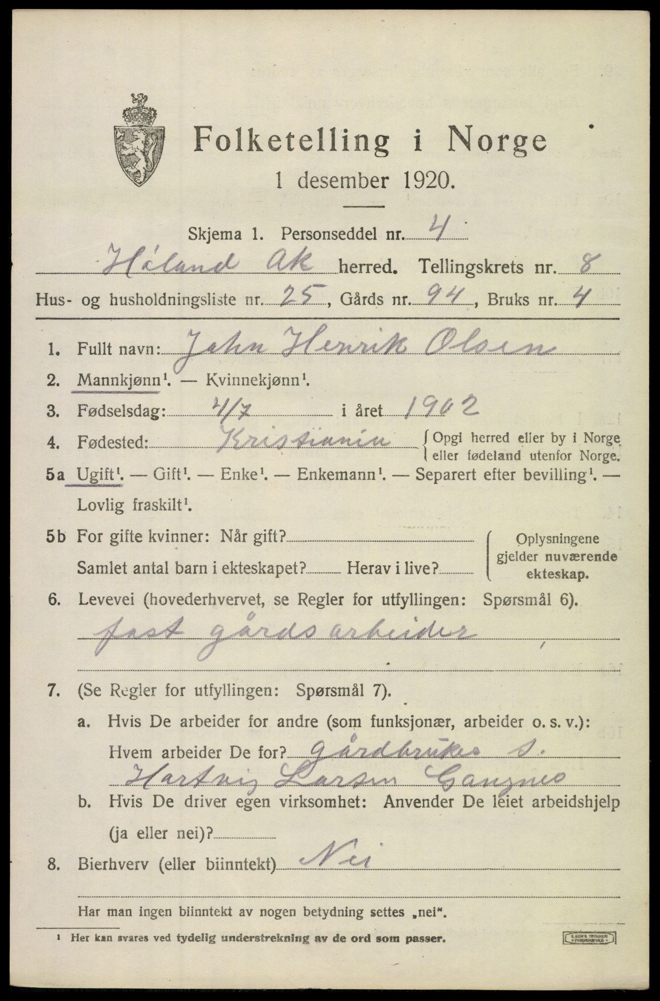 SAO, 1920 census for Høland, 1920, p. 9963