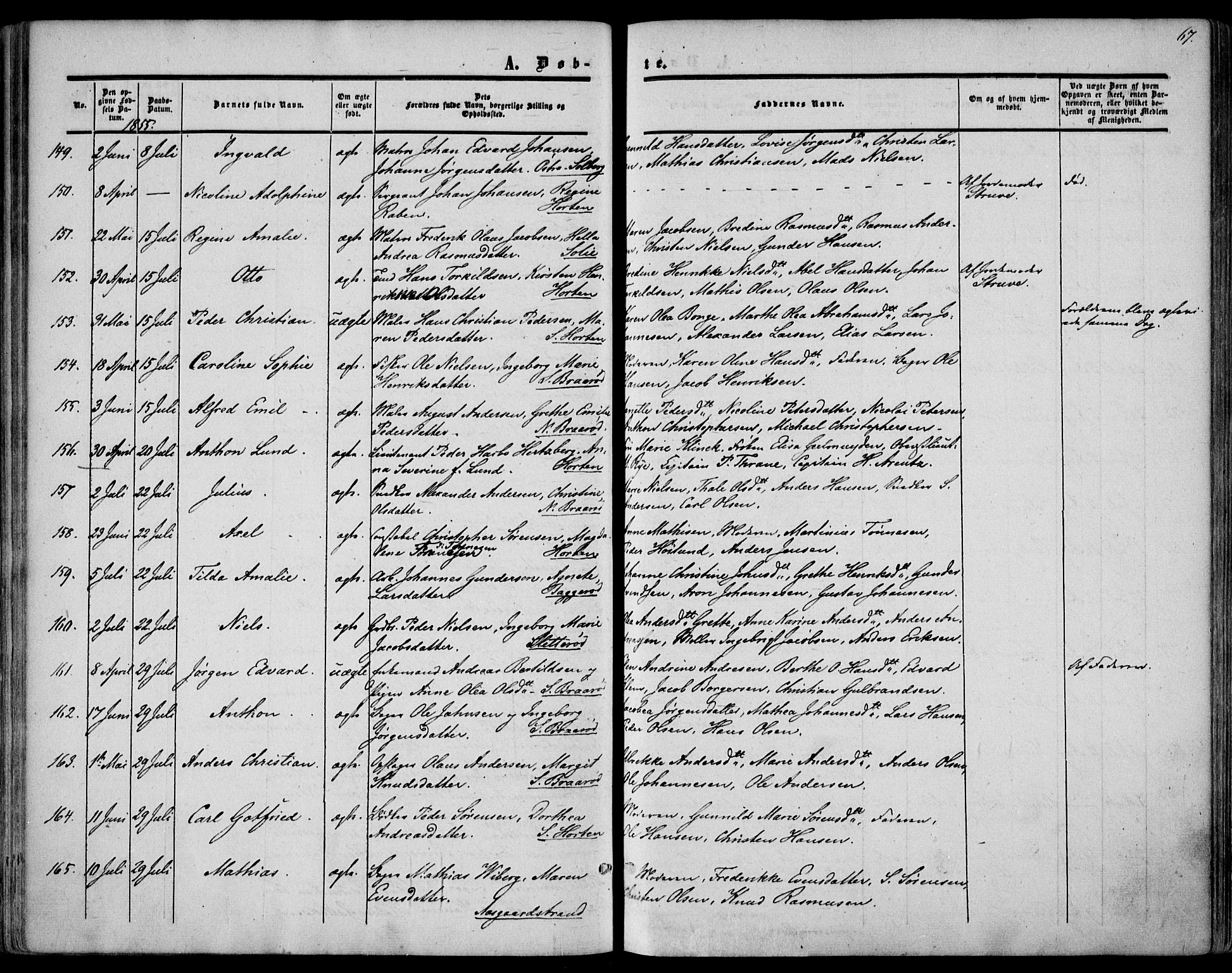 Borre kirkebøker, SAKO/A-338/F/Fa/L0006: Parish register (official) no. I 6, 1852-1862, p. 67