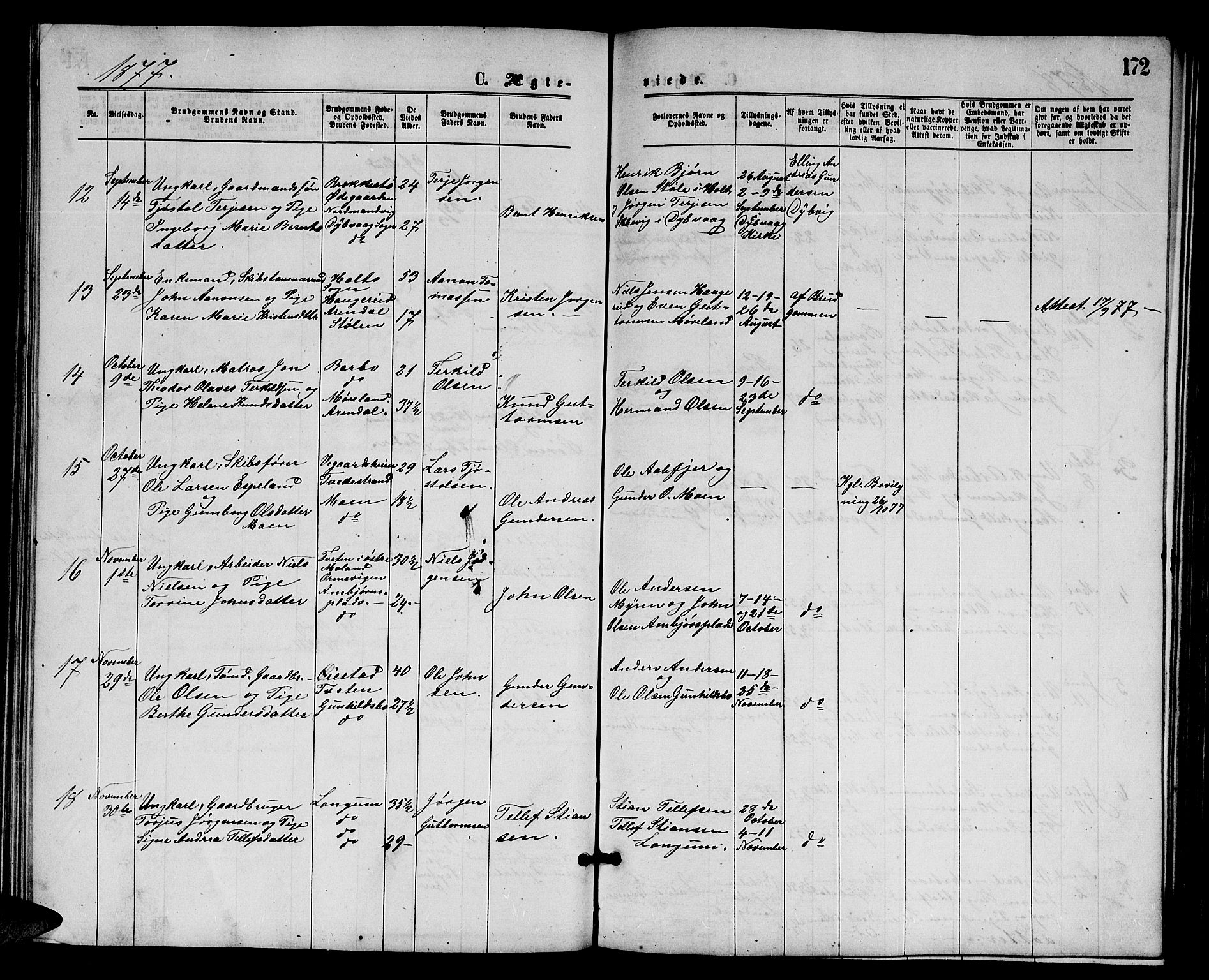 Austre Moland sokneprestkontor, AV/SAK-1111-0001/F/Fb/Fba/L0002: Parish register (copy) no. B 2, 1869-1879, p. 172