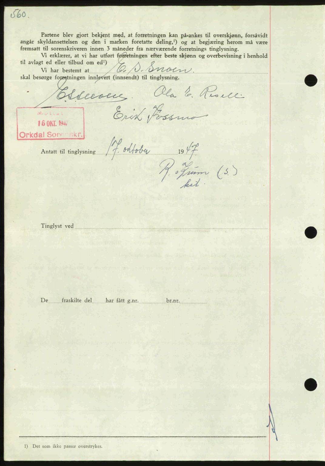 Orkdal sorenskriveri, AV/SAT-A-4169/1/2/2C: Mortgage book no. A, 1947-1947, Diary no: : 1320/1947