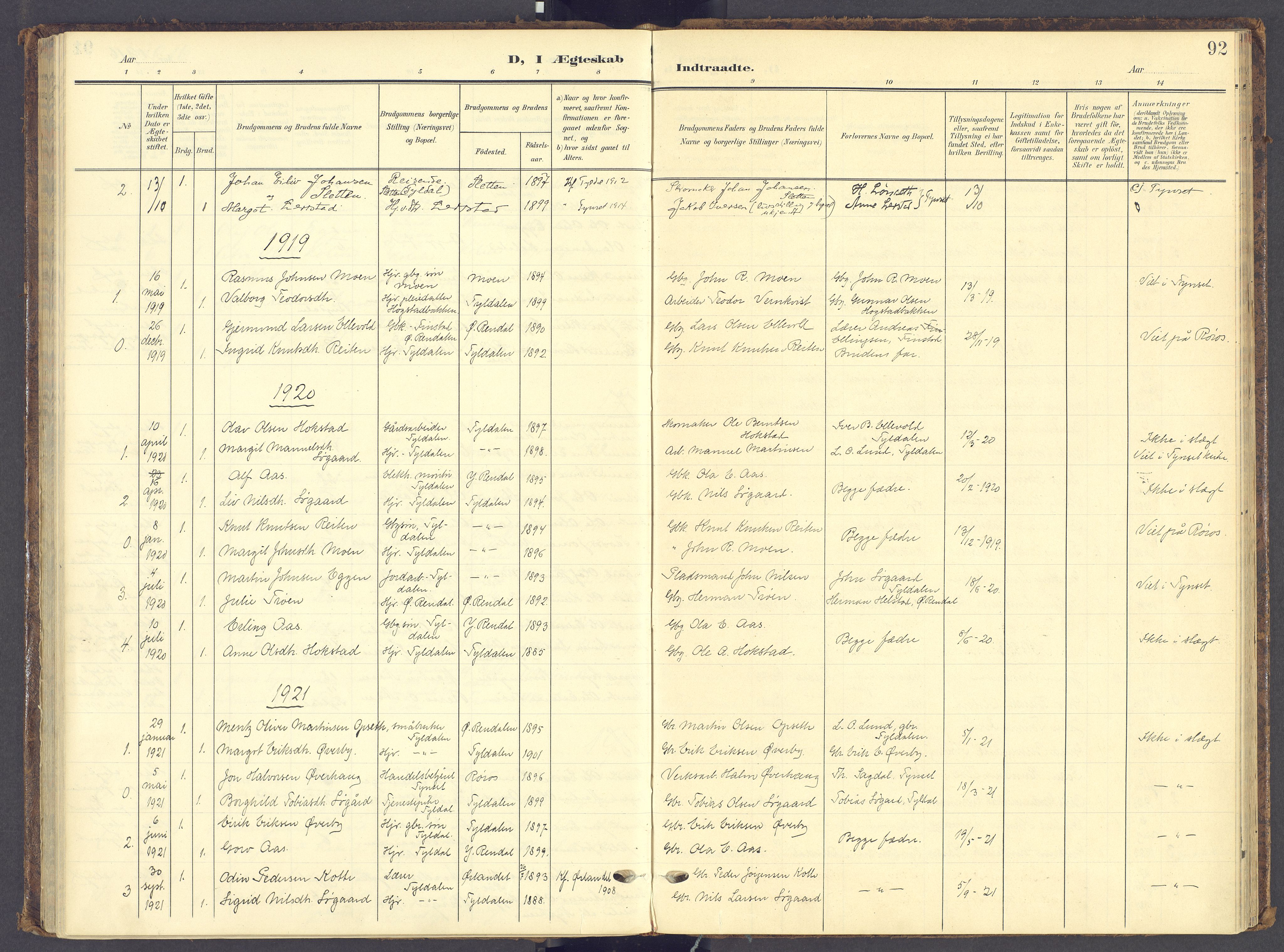 Tynset prestekontor, SAH/PREST-058/H/Ha/Haa/L0028: Parish register (official) no. 28, 1902-1929, p. 92