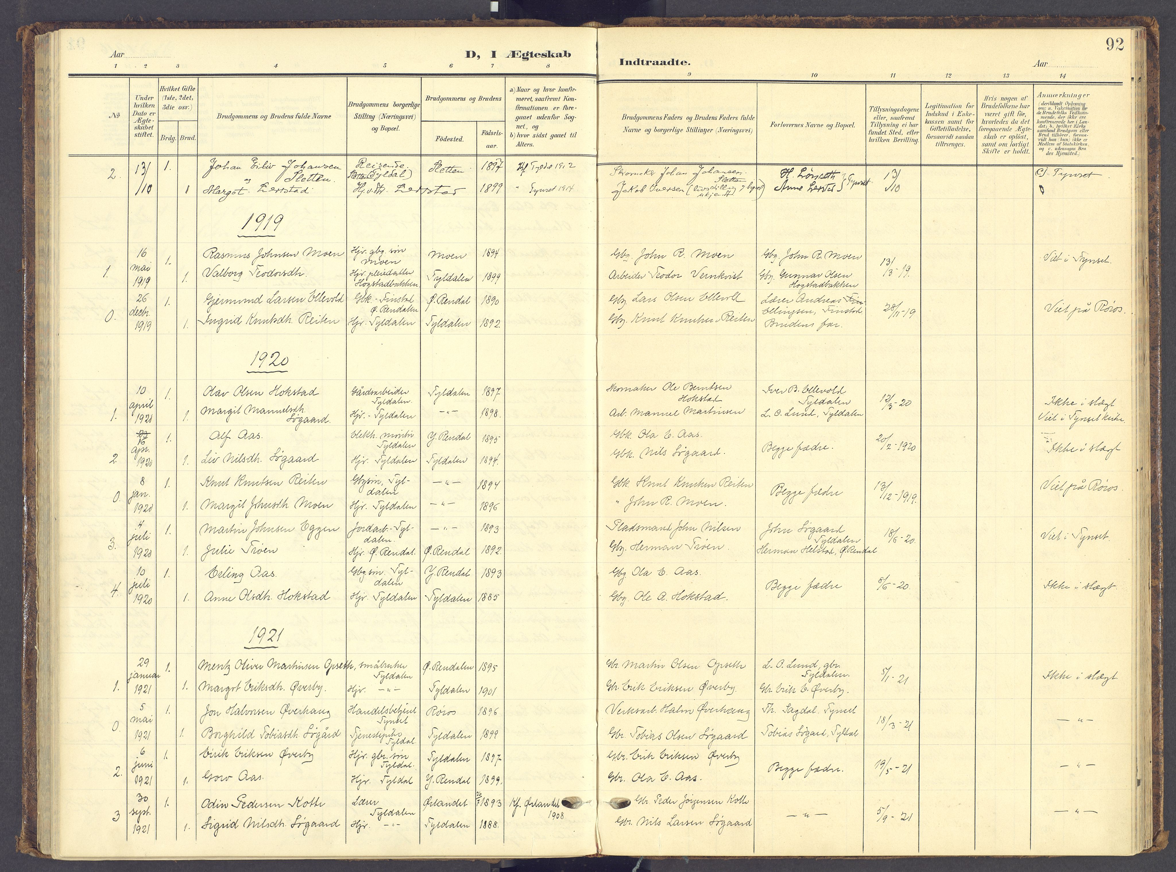 Tynset prestekontor, AV/SAH-PREST-058/H/Ha/Haa/L0028: Parish register (official) no. 28, 1902-1929, p. 92