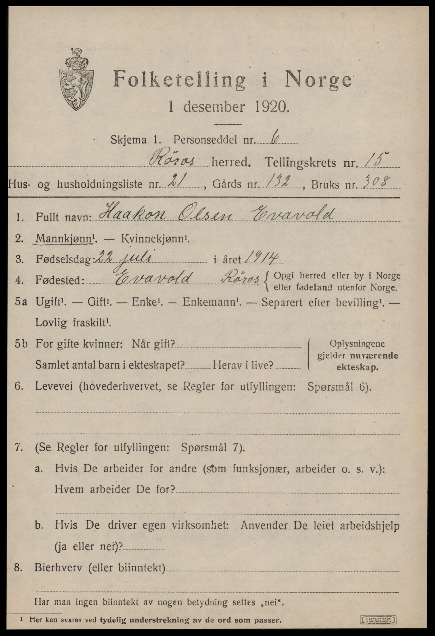 SAT, 1920 census for Røros, 1920, p. 10608