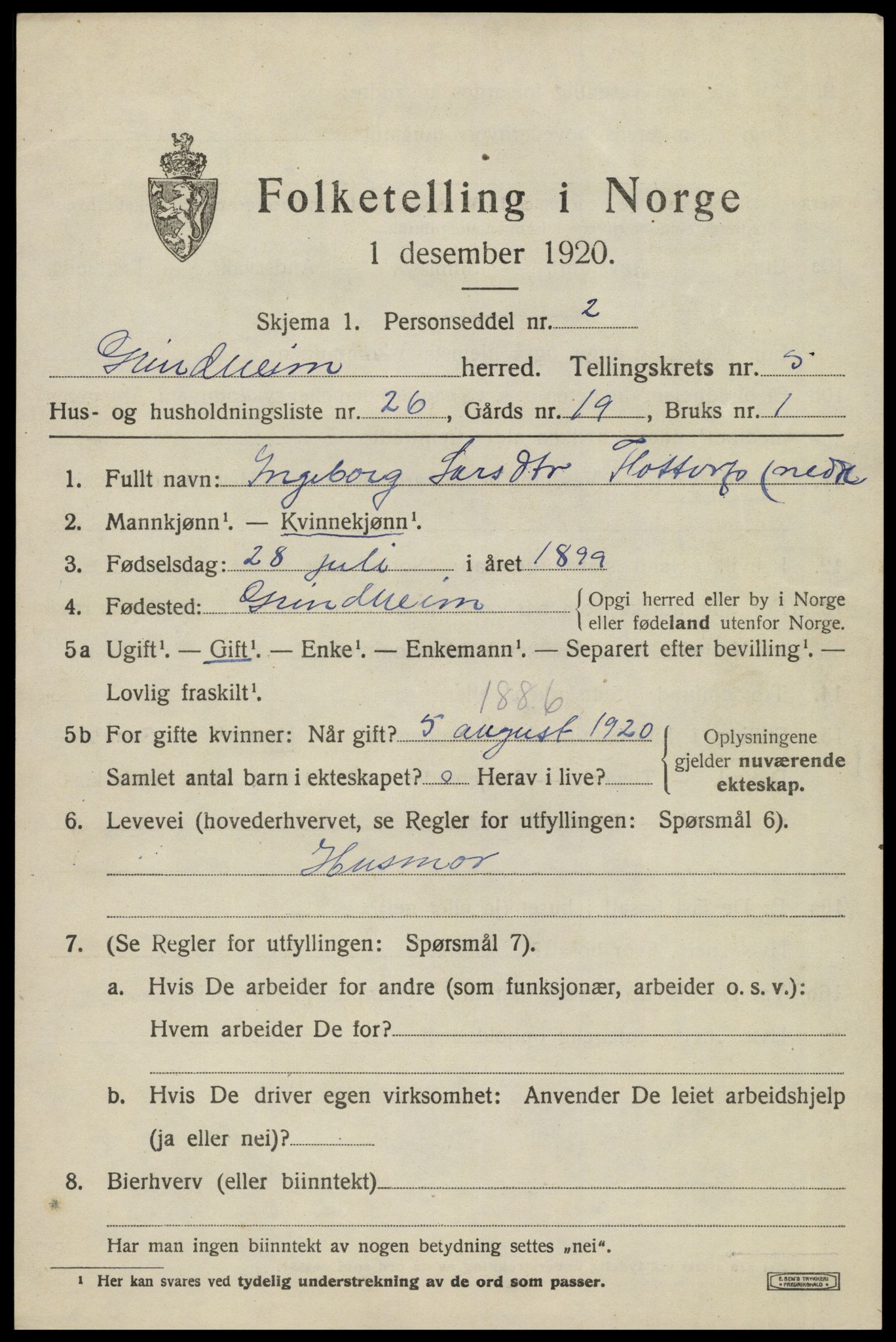 SAK, 1920 census for Grindheim, 1920, p. 1819