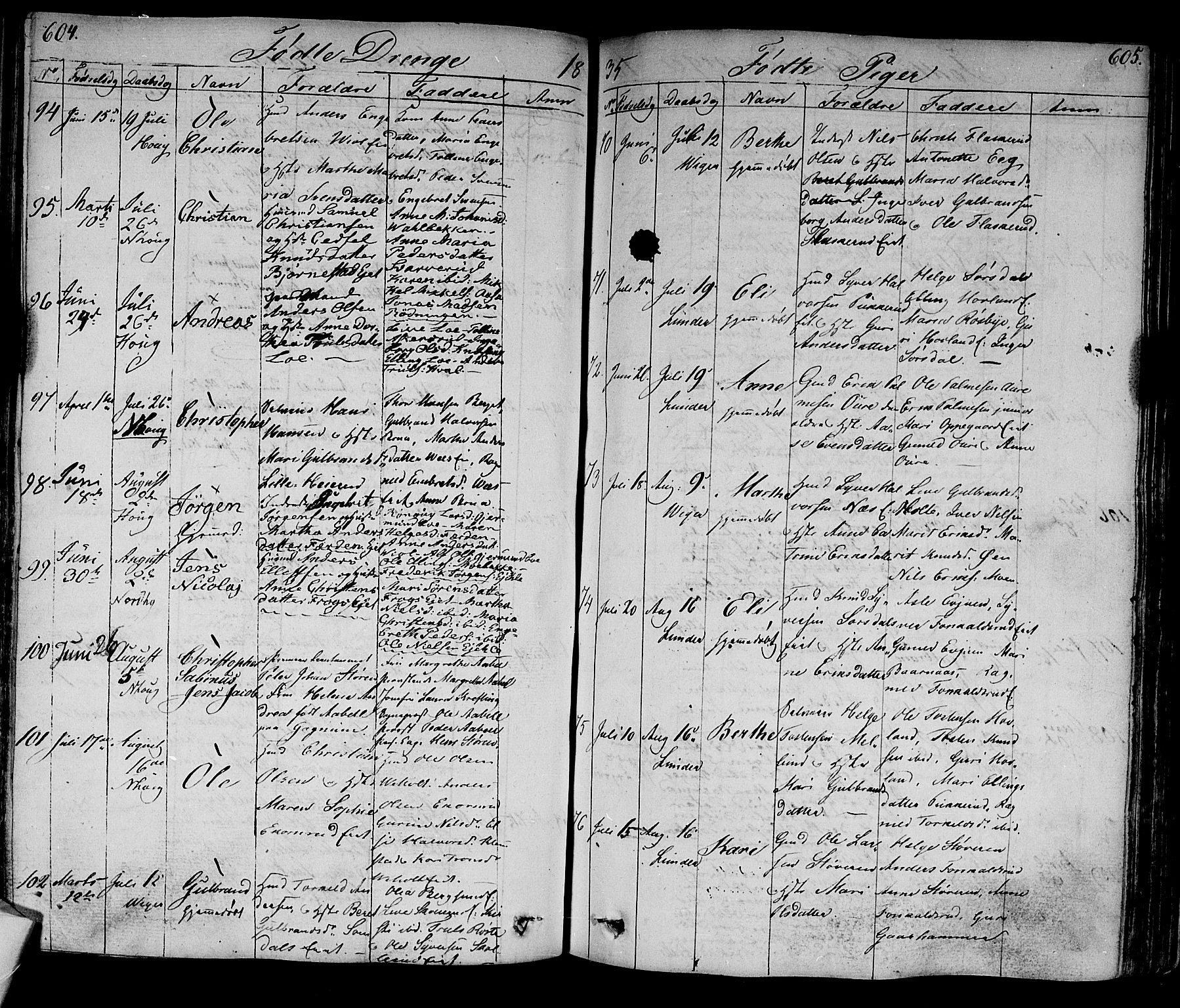 Norderhov kirkebøker, AV/SAKO-A-237/F/Fa/L0009: Parish register (official) no. 9, 1819-1837, p. 604-605