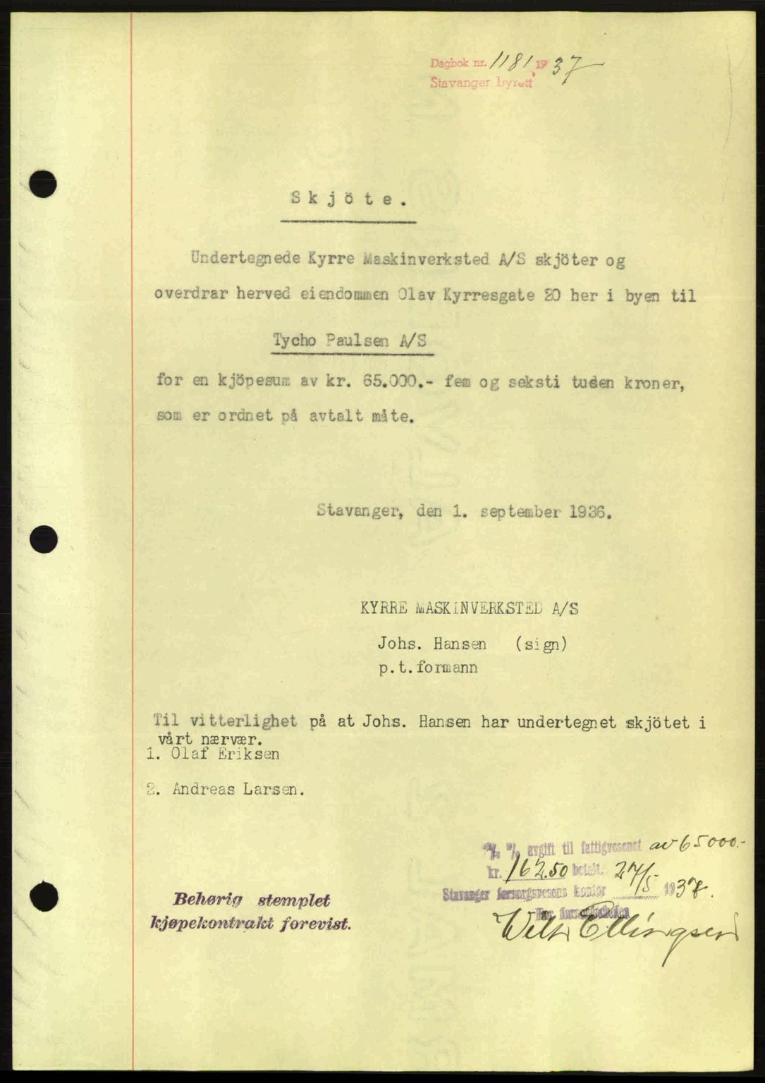Stavanger byrett, SAST/A-100455/002/G/Gb/L0012: Mortgage book no. A2, 1936-1937, Diary no: : 1181/1937