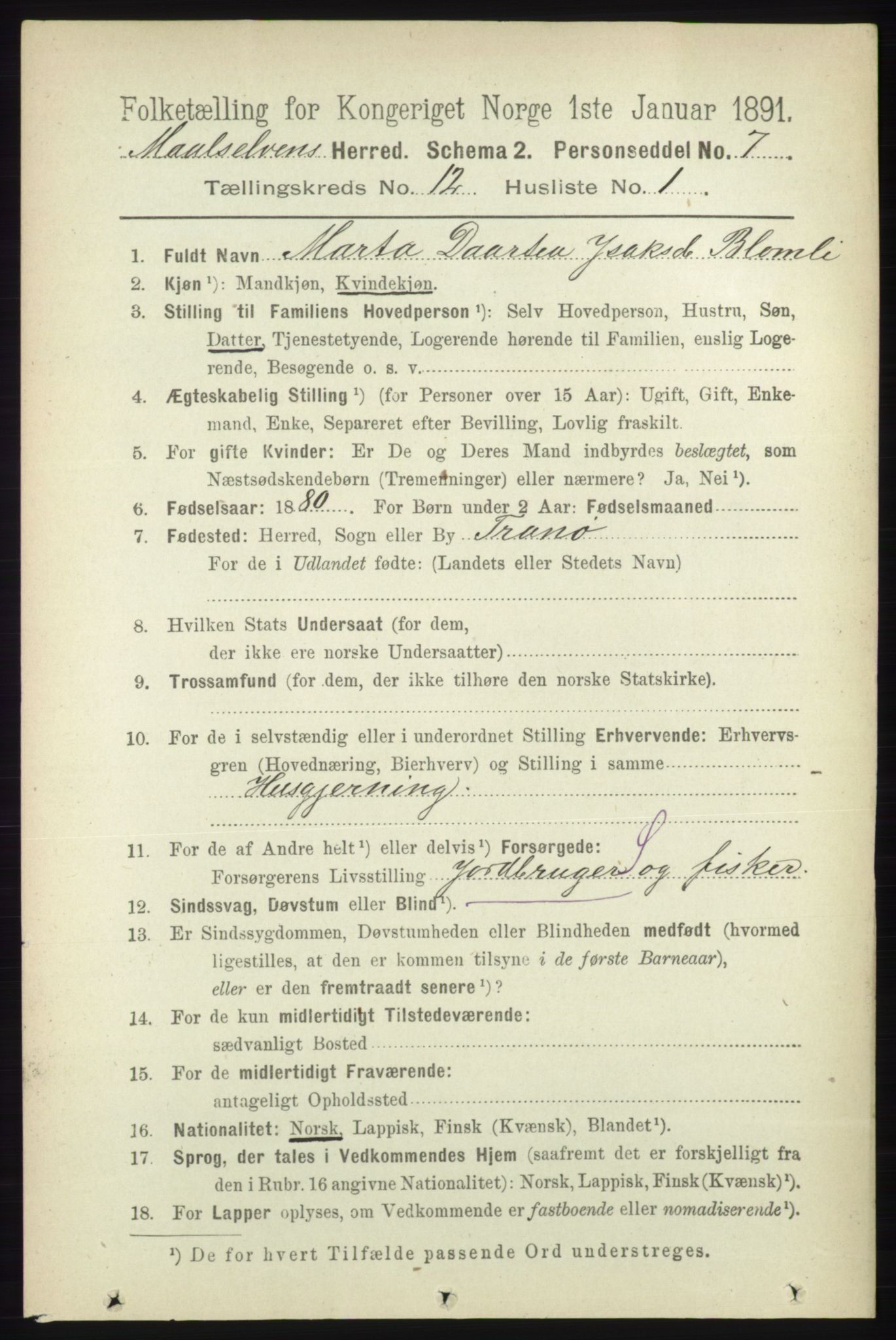 RA, 1891 census for 1924 Målselv, 1891, p. 3795