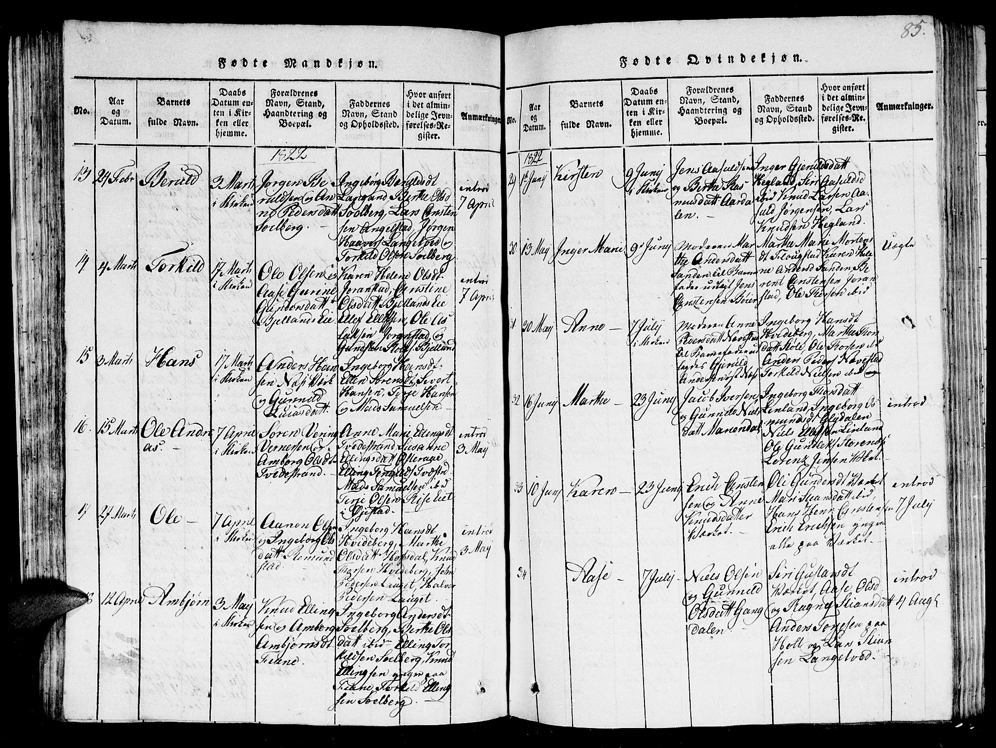 Holt sokneprestkontor, AV/SAK-1111-0021/F/Fb/L0006: Parish register (copy) no. B 6, 1813-1823, p. 85