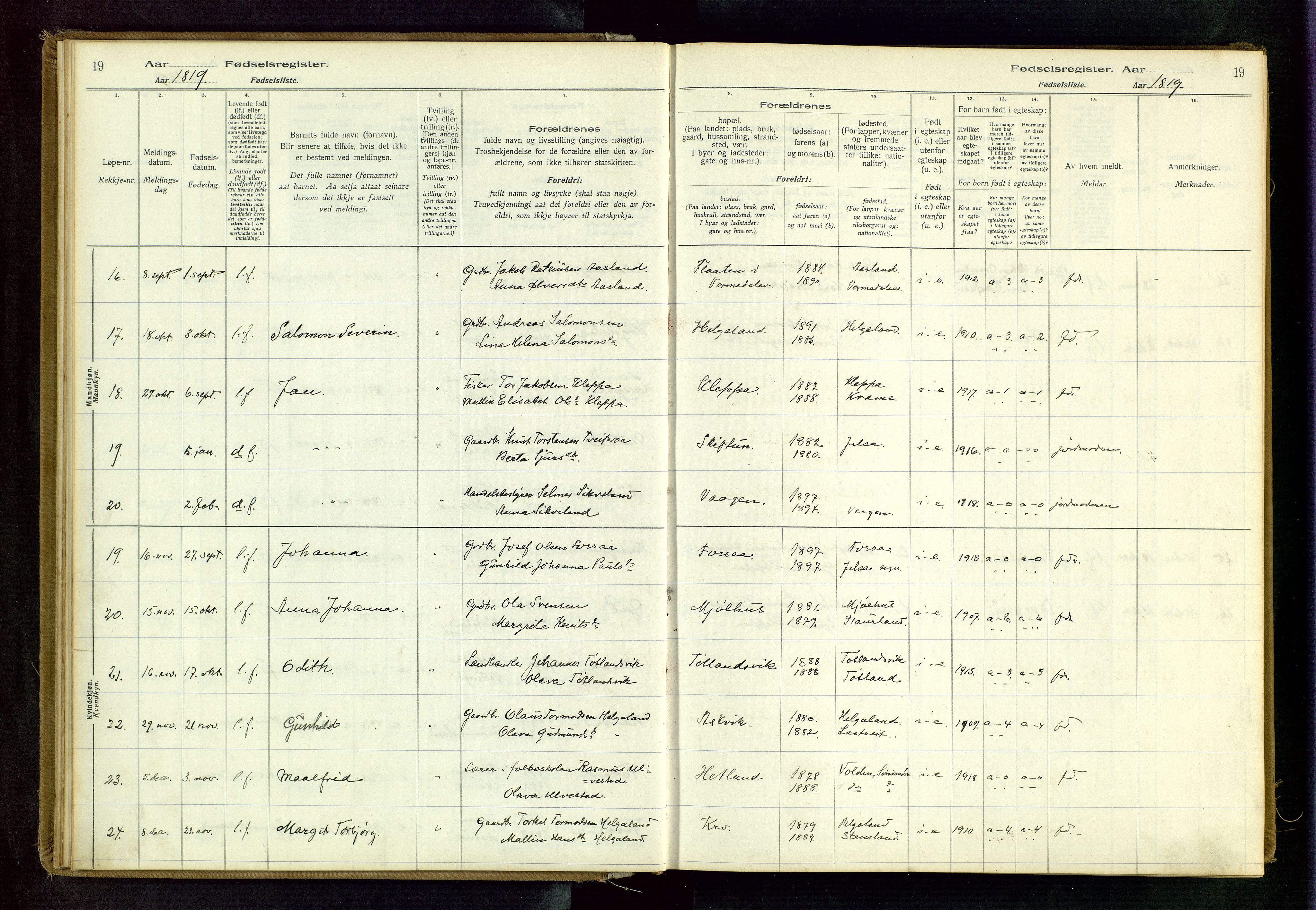 Hjelmeland sokneprestkontor, AV/SAST-A-101843/02/B/L0001: Birth register no. 1, 1916-1963, p. 19