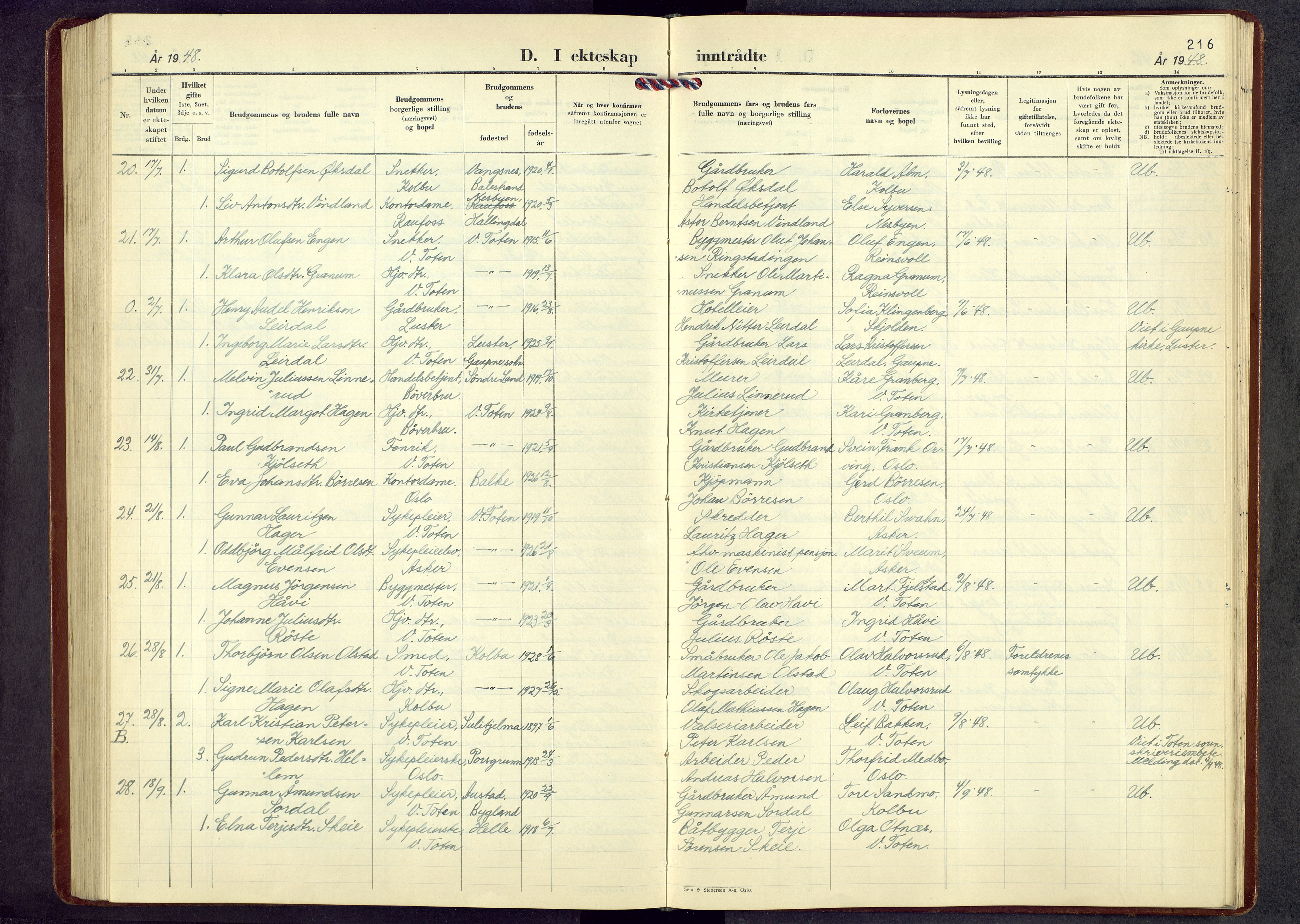 Vestre Toten prestekontor, AV/SAH-PREST-108/H/Ha/Hab/L0017: Parish register (copy) no. 17, 1947-1969, p. 216