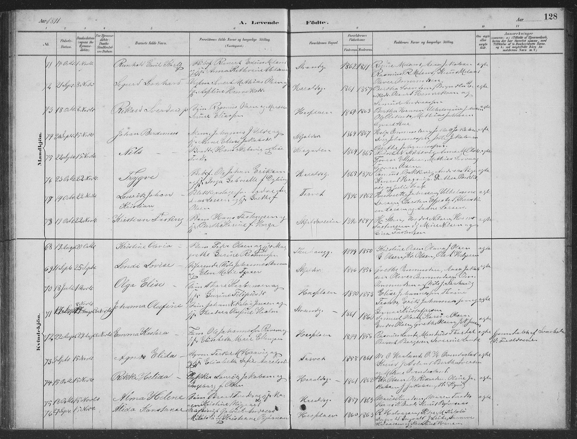 Haugesund sokneprestkontor, AV/SAST-A -101863/H/Ha/Hab/L0002: Parish register (copy) no. B 2, 1881-1894, p. 128