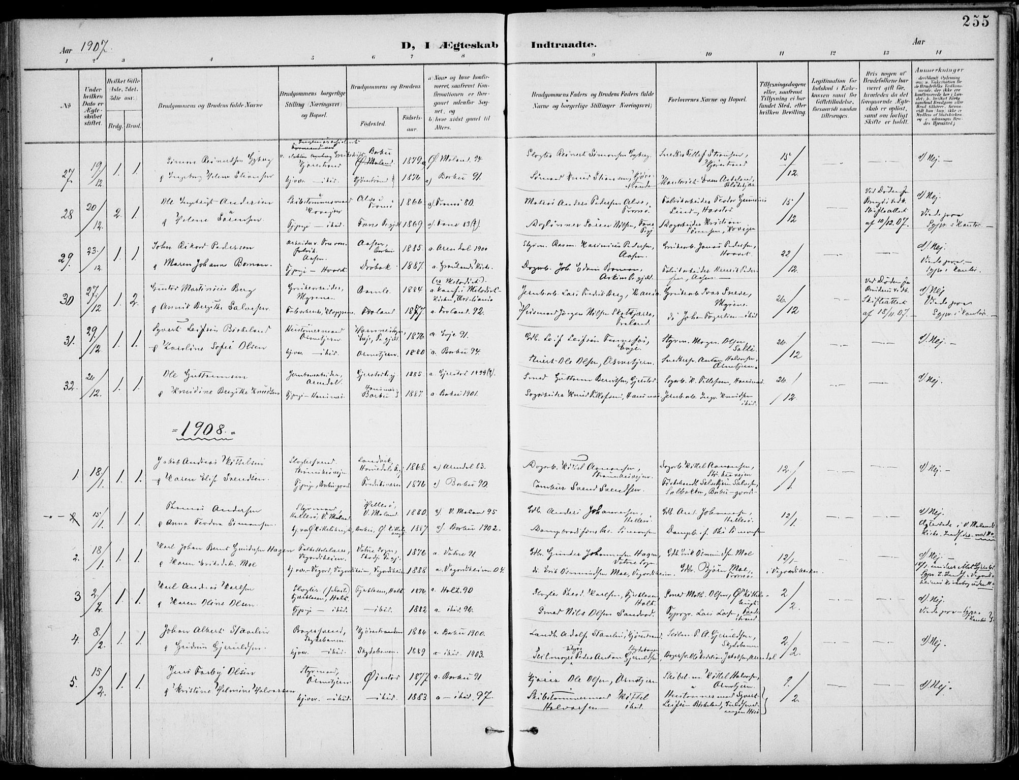 Barbu sokneprestkontor, AV/SAK-1111-0003/F/Fa/L0005: Parish register (official) no. A 5, 1899-1909, p. 255