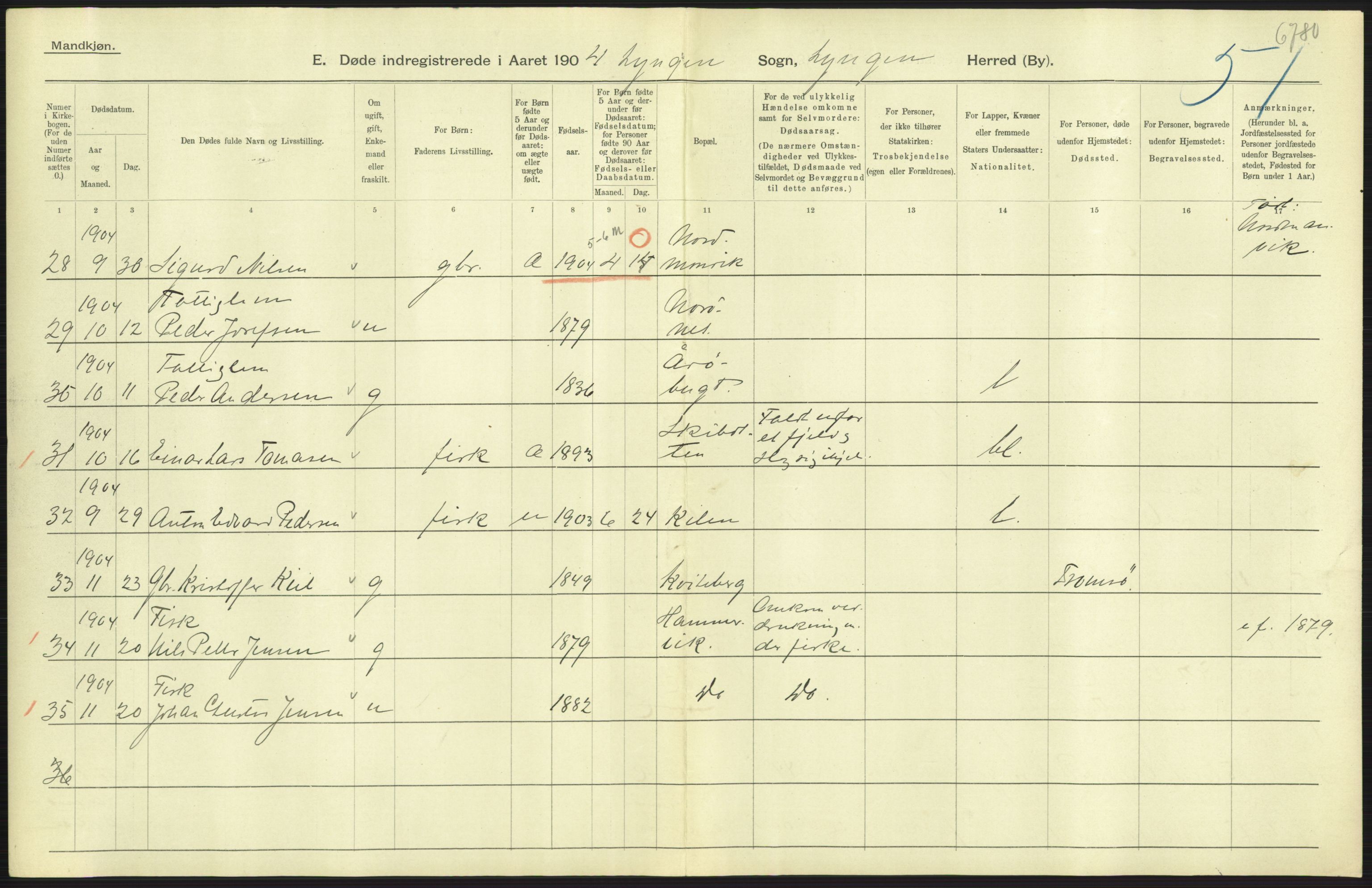 Statistisk sentralbyrå, Sosiodemografiske emner, Befolkning, AV/RA-S-2228/D/Df/Dfa/Dfab/L0022: Tromsø amt: Fødte, gifte, døde, 1904, p. 393