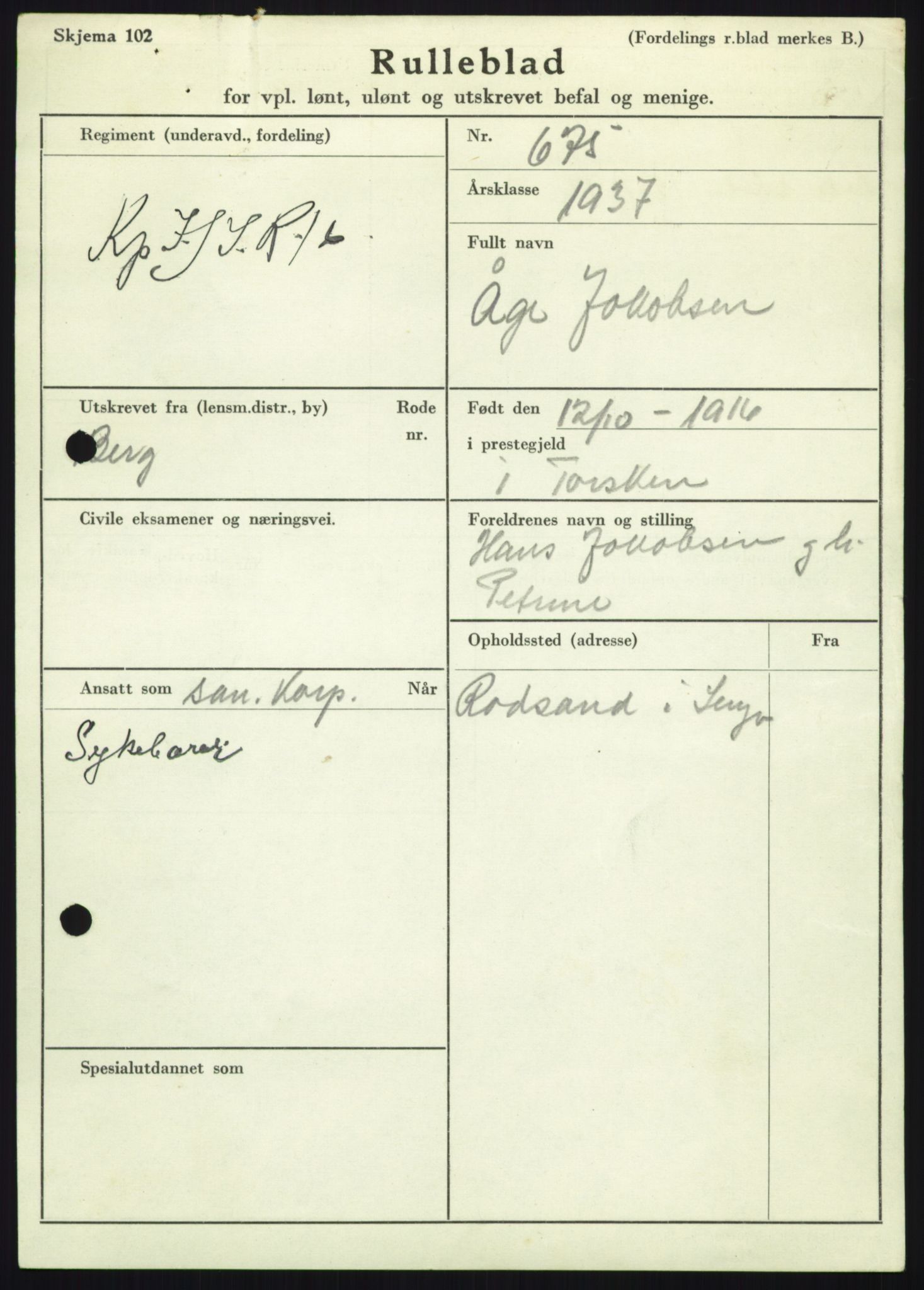 Forsvaret, Troms infanteriregiment nr. 16, AV/RA-RAFA-3146/P/Pa/L0021: Rulleblad for regimentets menige mannskaper, årsklasse 1937, 1937, p. 449