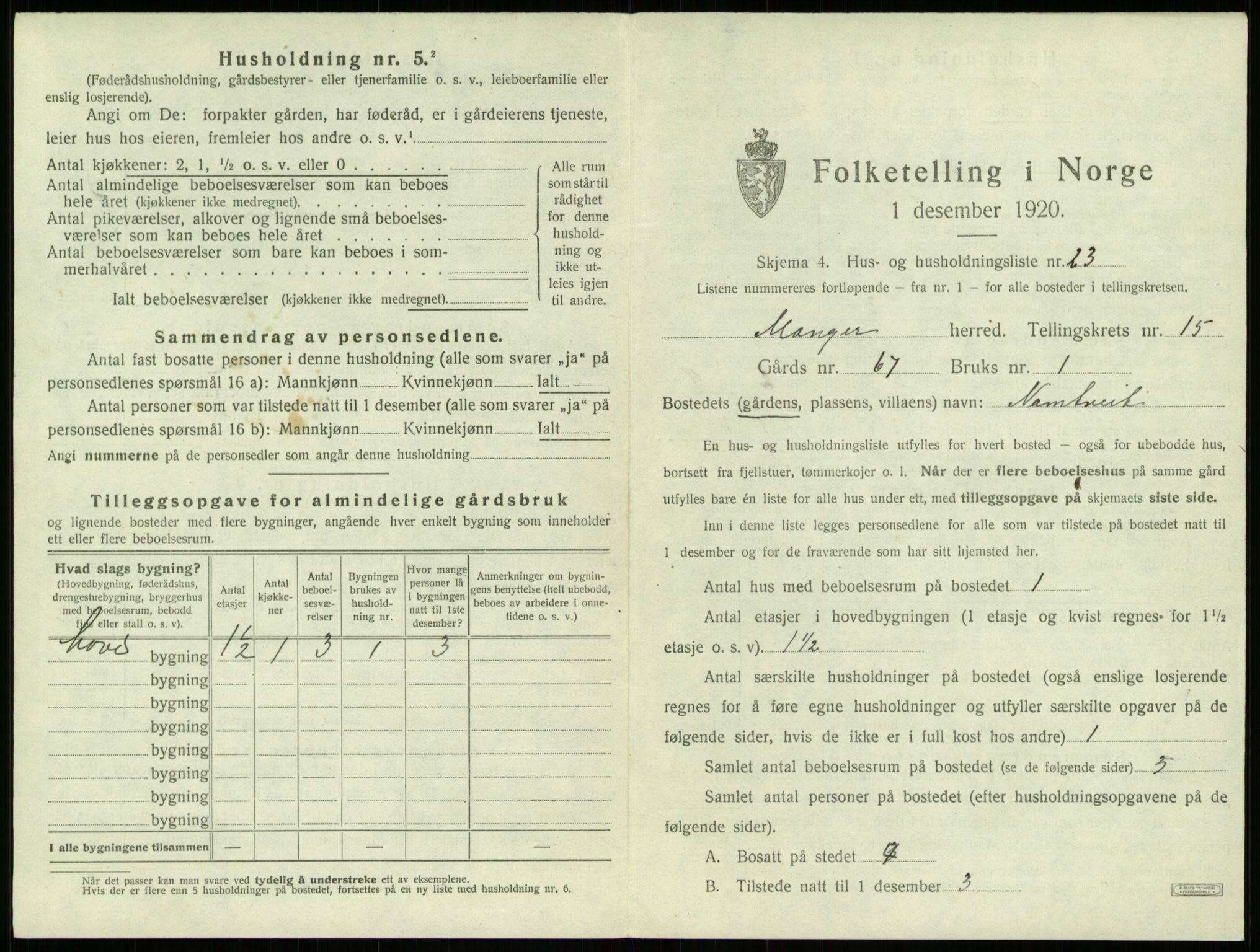 SAB, 1920 census for Manger, 1920, p. 1168
