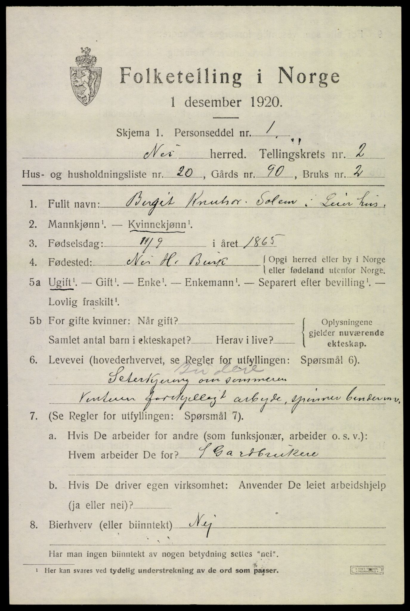 SAKO, 1920 census for Nes (Buskerud), 1920, p. 1480