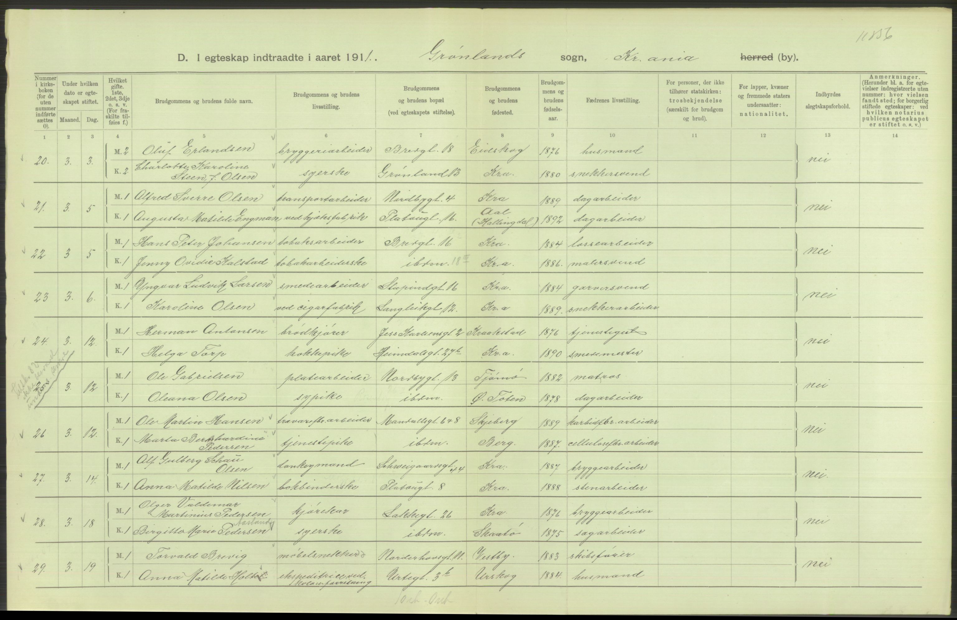 Statistisk sentralbyrå, Sosiodemografiske emner, Befolkning, AV/RA-S-2228/D/Df/Dfb/Dfba/L0008: Kristiania: Gifte, 1911, p. 254