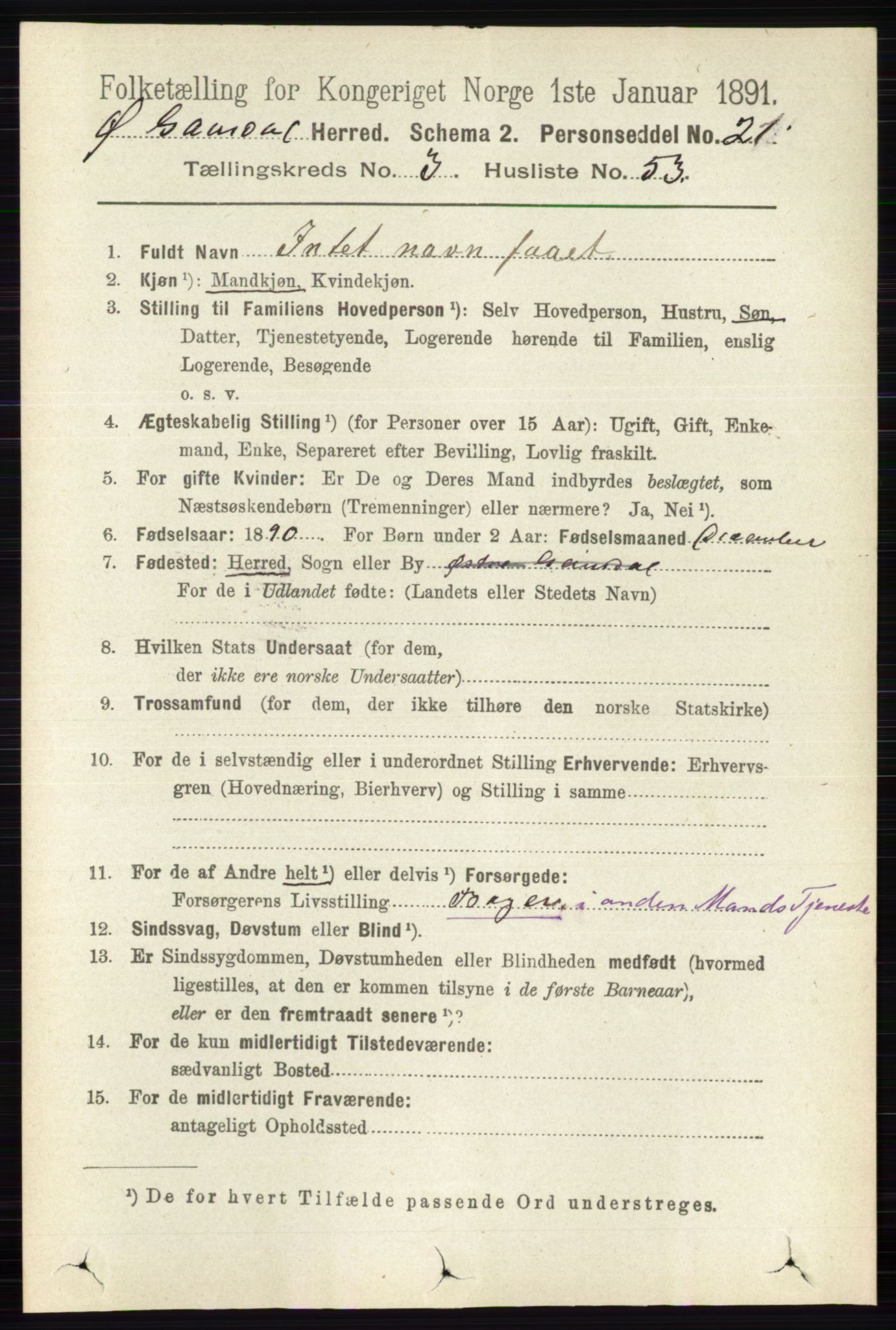 RA, 1891 census for 0522 Østre Gausdal, 1891, p. 2103