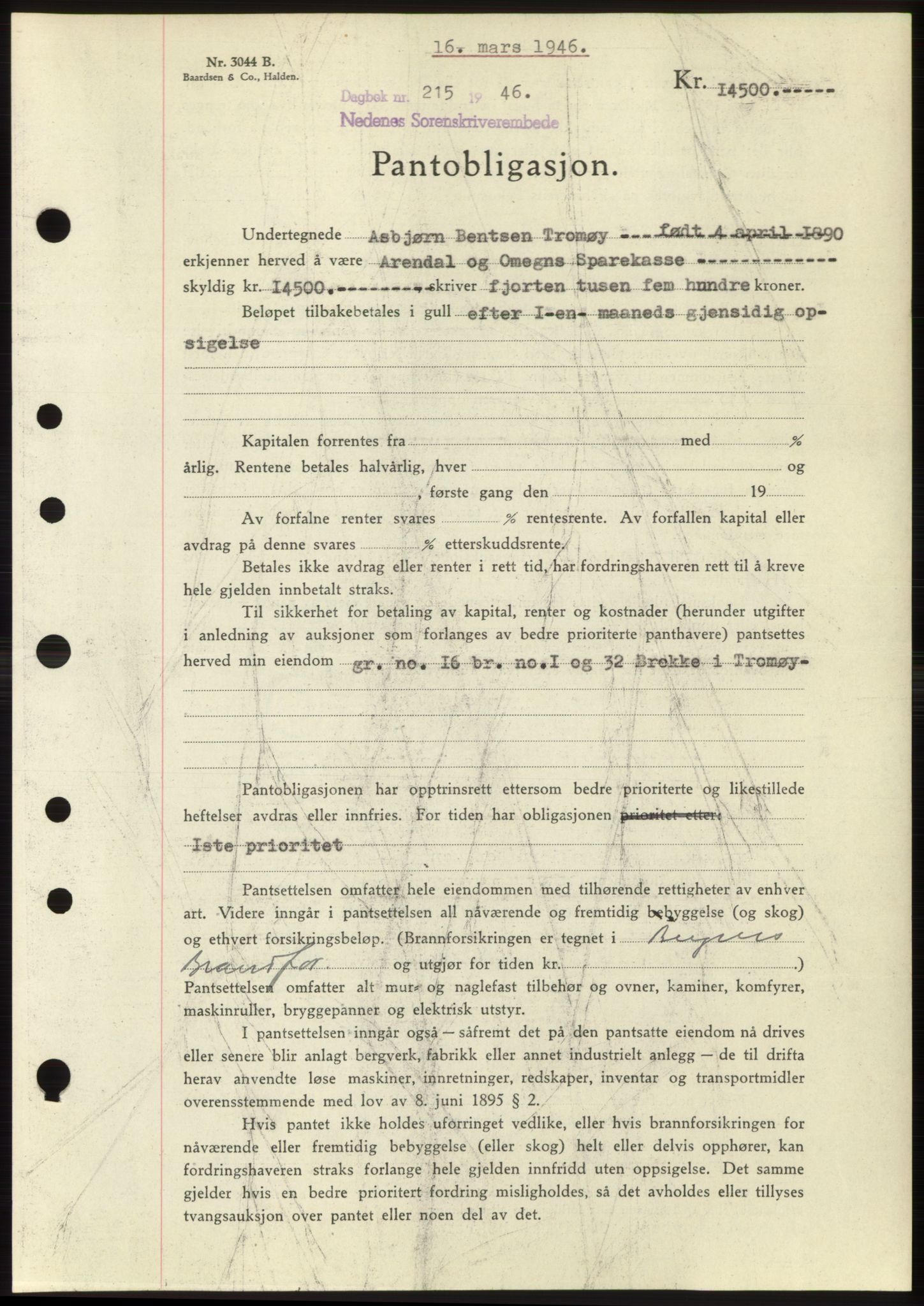 Nedenes sorenskriveri, SAK/1221-0006/G/Gb/Gbb/L0003: Mortgage book no. B3b, 1946-1946, Diary no: : 215/1946