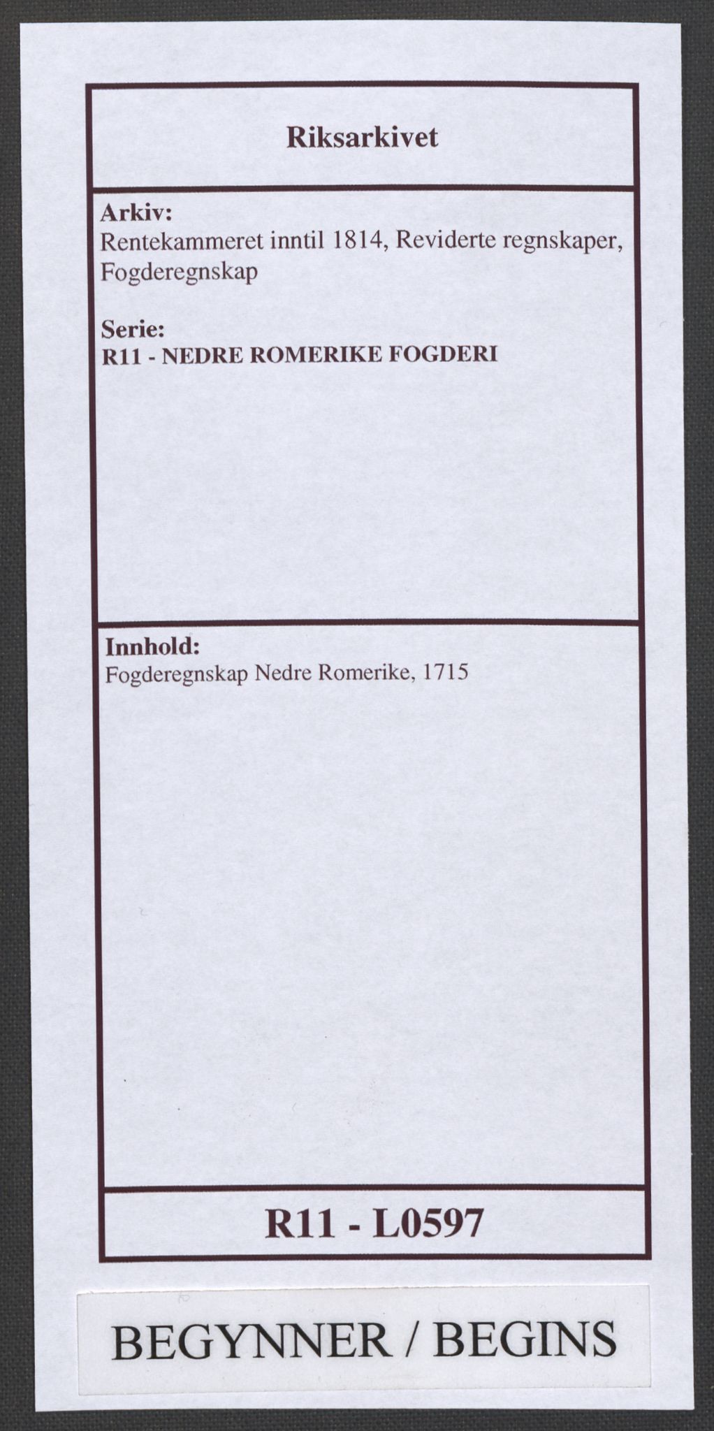 Rentekammeret inntil 1814, Reviderte regnskaper, Fogderegnskap, AV/RA-EA-4092/R11/L0597: Fogderegnskap Nedre Romerike, 1715, p. 1