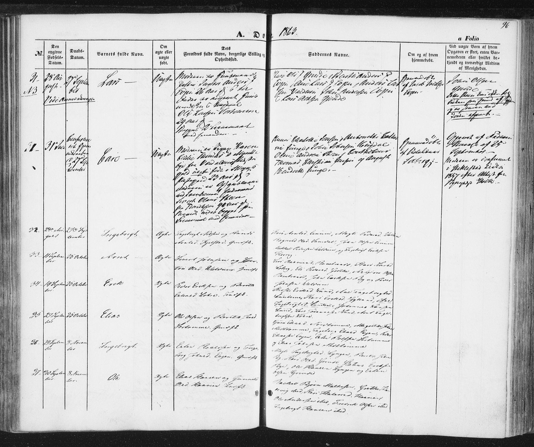 Ministerialprotokoller, klokkerbøker og fødselsregistre - Sør-Trøndelag, AV/SAT-A-1456/692/L1103: Parish register (official) no. 692A03, 1849-1870, p. 96