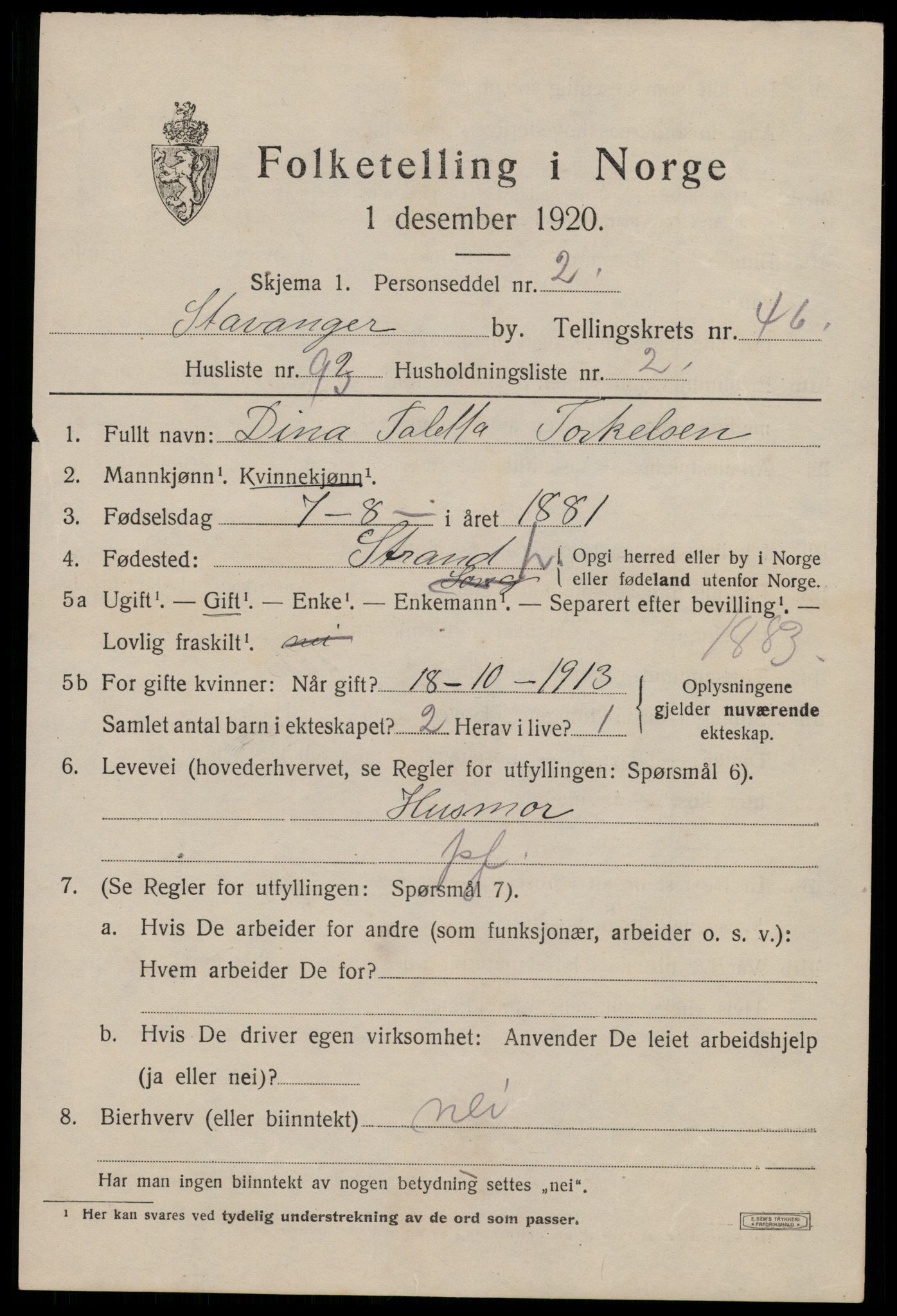 SAST, 1920 census for Stavanger, 1920, p. 113974