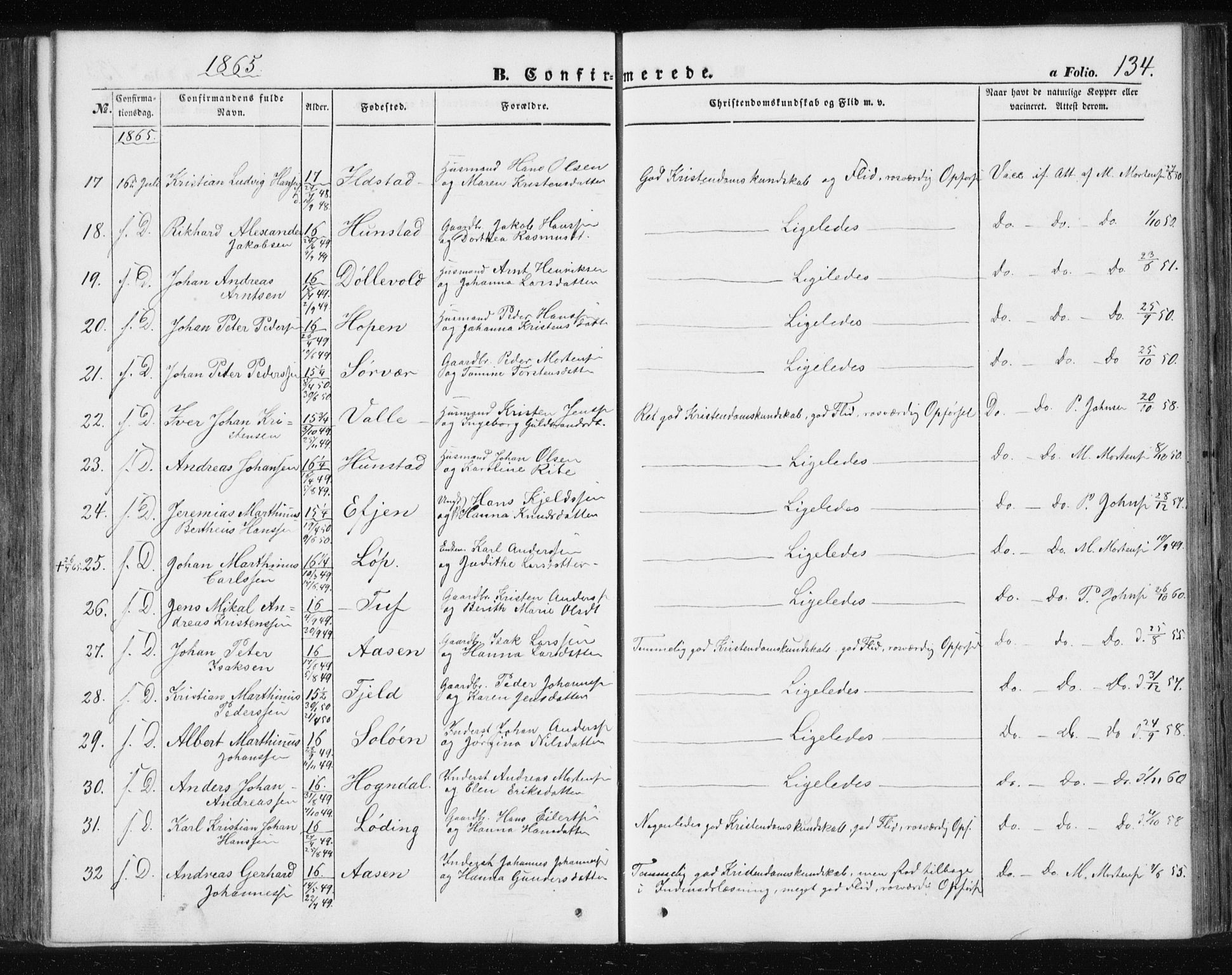 Ministerialprotokoller, klokkerbøker og fødselsregistre - Nordland, AV/SAT-A-1459/801/L0028: Parish register (copy) no. 801C03, 1855-1867, p. 134