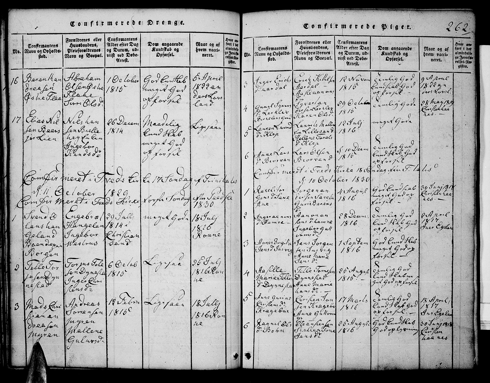 Tveit sokneprestkontor, AV/SAK-1111-0043/F/Fb/L0001: Parish register (copy) no. B 1, 1820-1834, p. 262