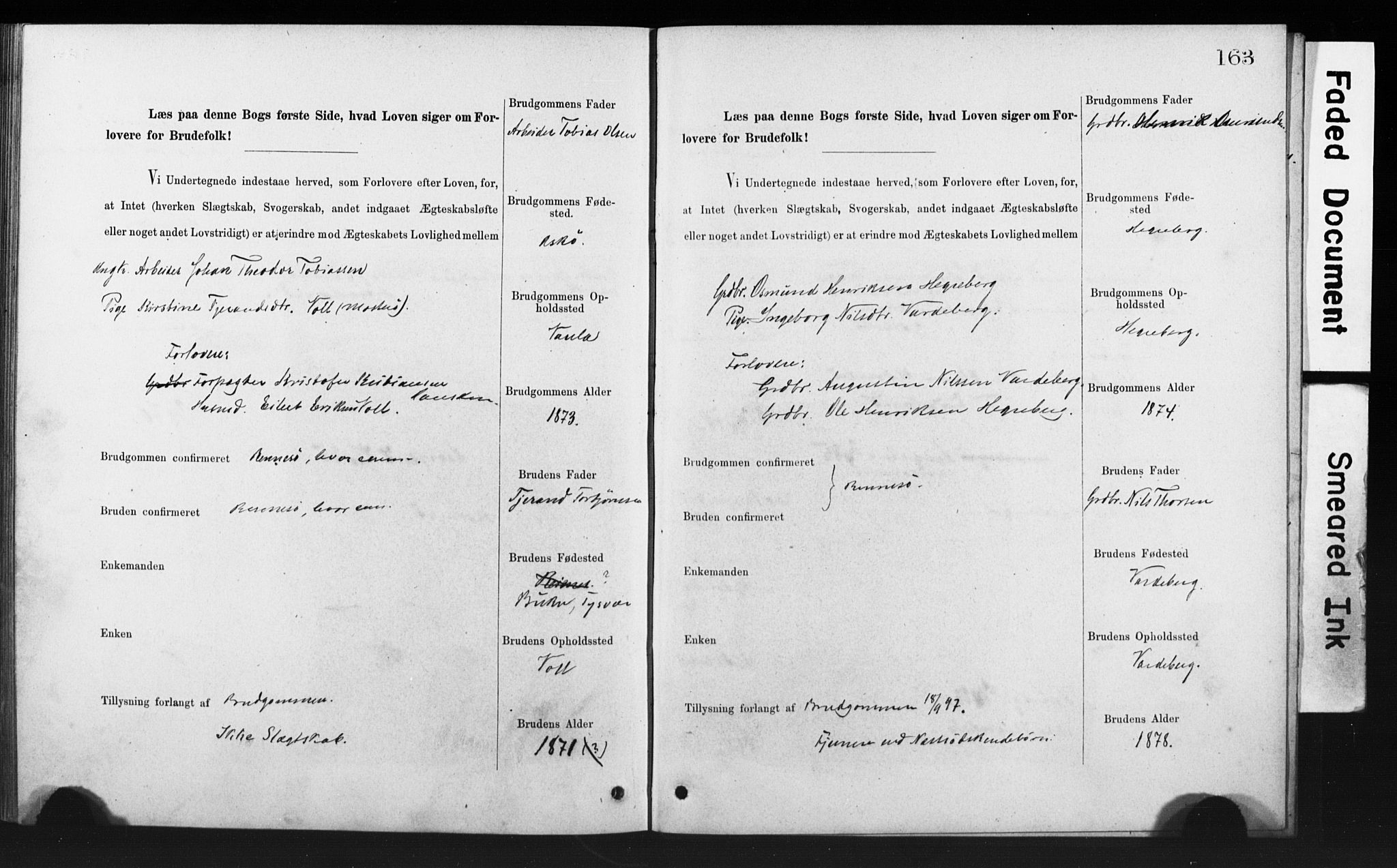 Rennesøy sokneprestkontor, SAST/A -101827/I/Ie/L0001: Banns register no. 1, 1873-1898, p. 163