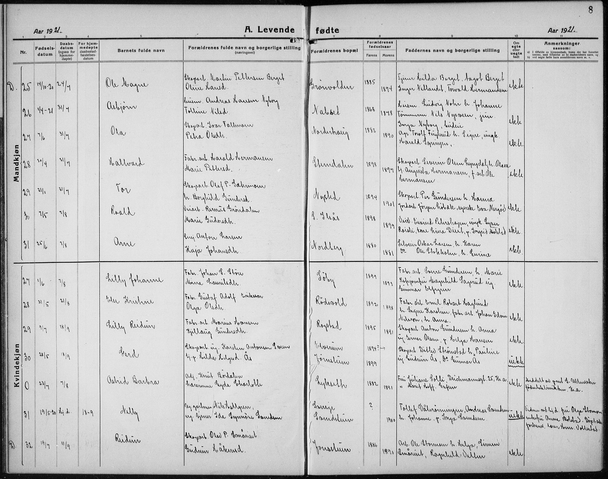 Åmot prestekontor, Hedmark, AV/SAH-PREST-056/H/Ha/Hab/L0005: Parish register (copy) no. 5, 1921-1934, p. 8