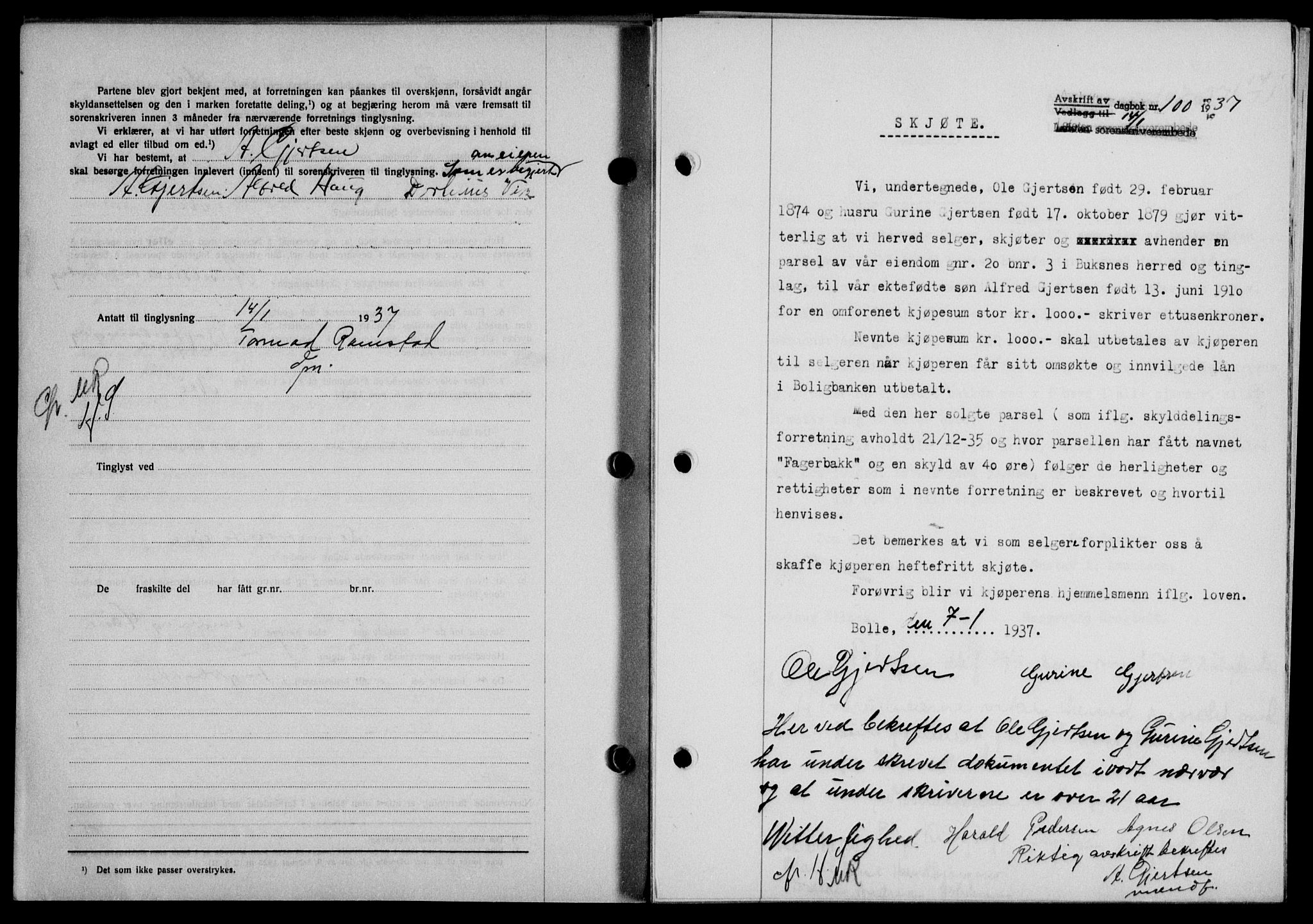Lofoten sorenskriveri, SAT/A-0017/1/2/2C/L0001a: Mortgage book no. 1a, 1936-1937, Diary no: : 100/1937