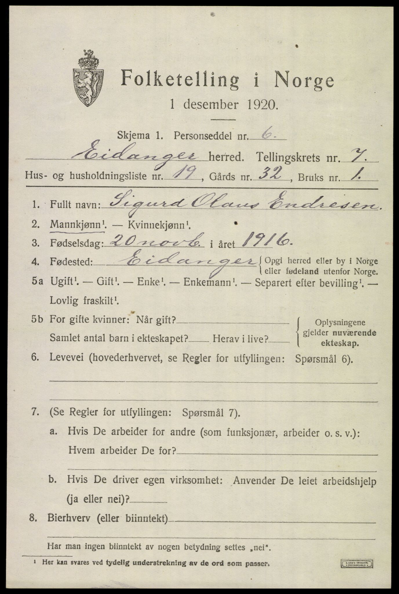 SAKO, 1920 census for Eidanger, 1920, p. 5422