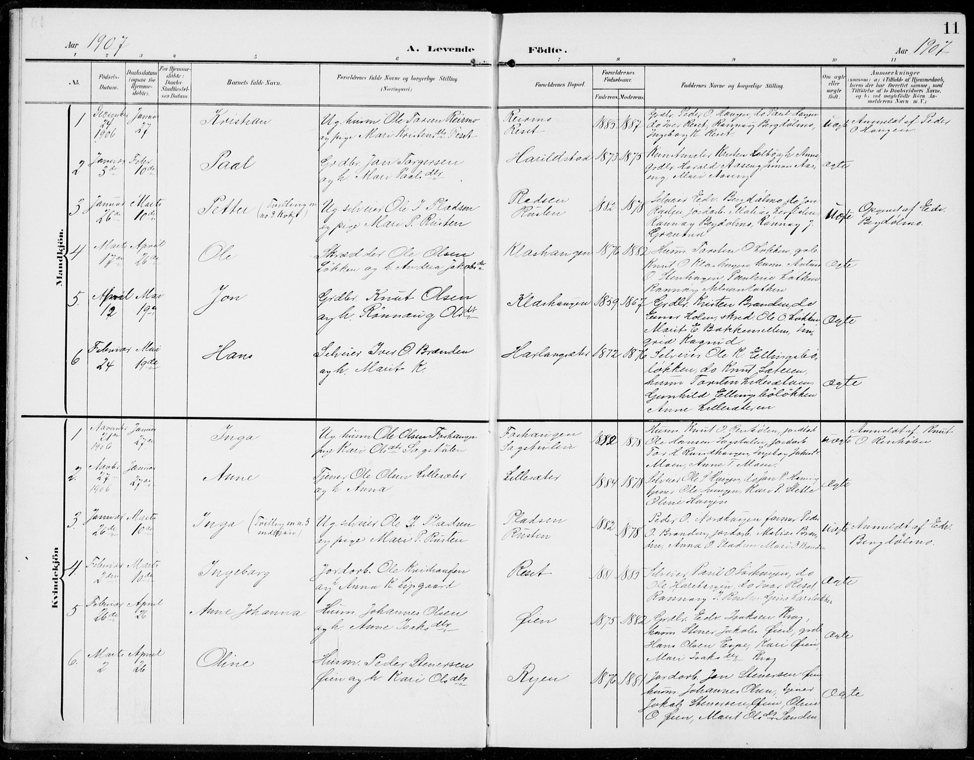 Sel prestekontor, SAH/PREST-074/H/Ha/Haa/L0001: Parish register (official) no. 1, 1905-1922, p. 11