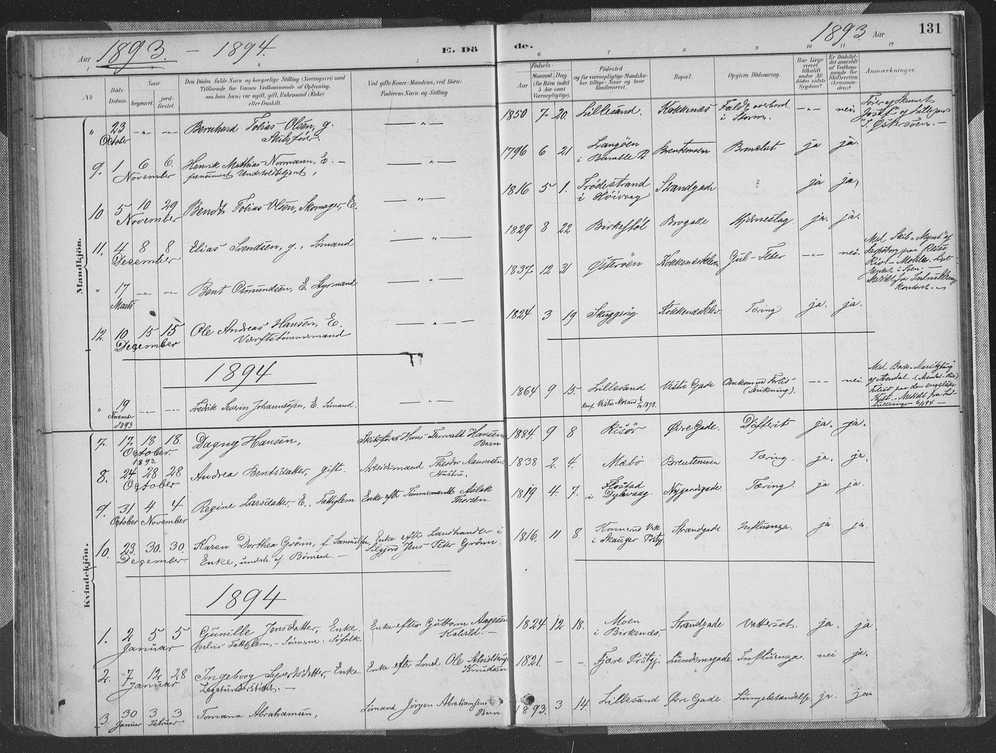 Vestre Moland sokneprestkontor, SAK/1111-0046/F/Fa/Faa/L0001: Parish register (official) no. A 1, 1884-1899, p. 131