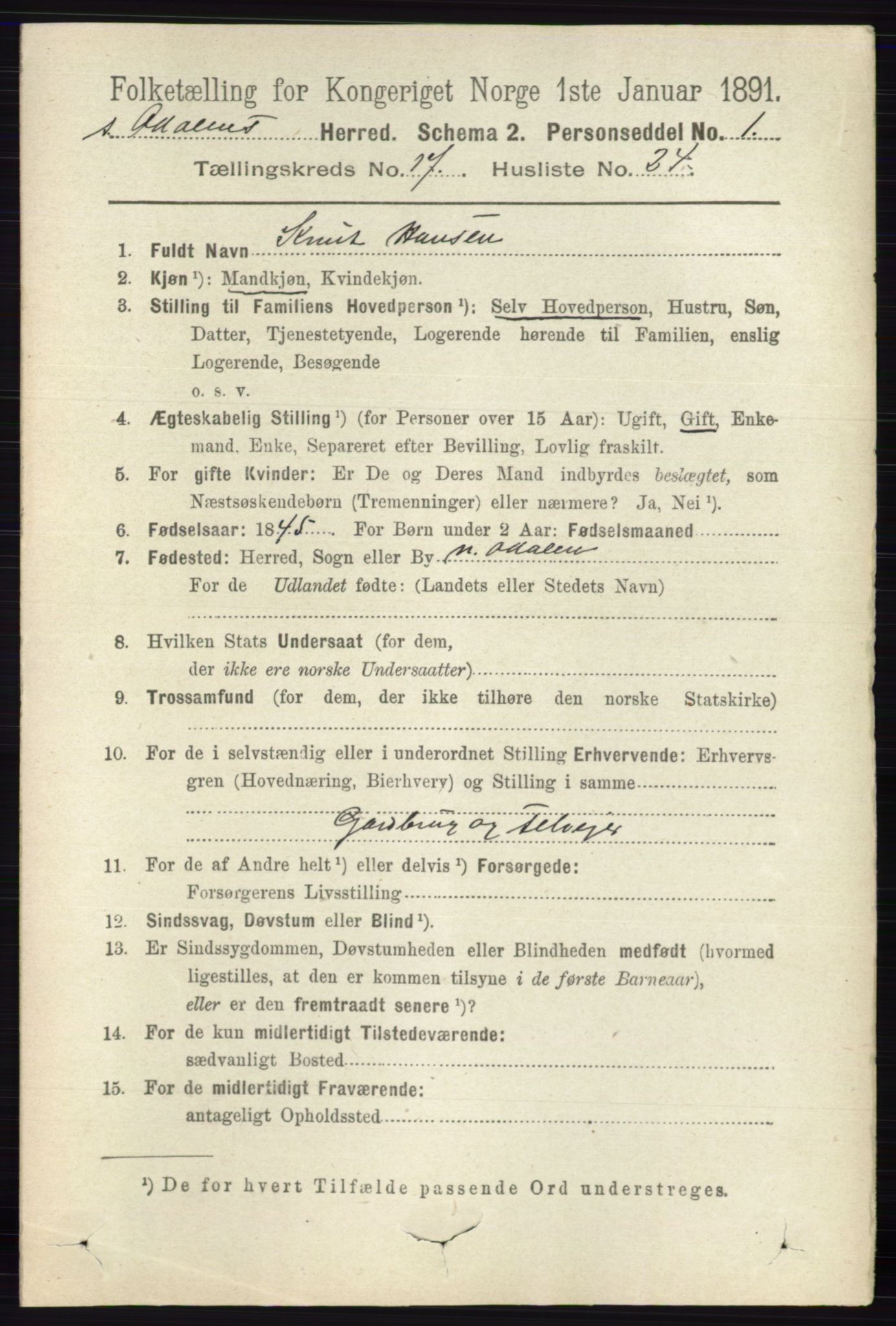 RA, 1891 census for 0419 Sør-Odal, 1891, p. 7999