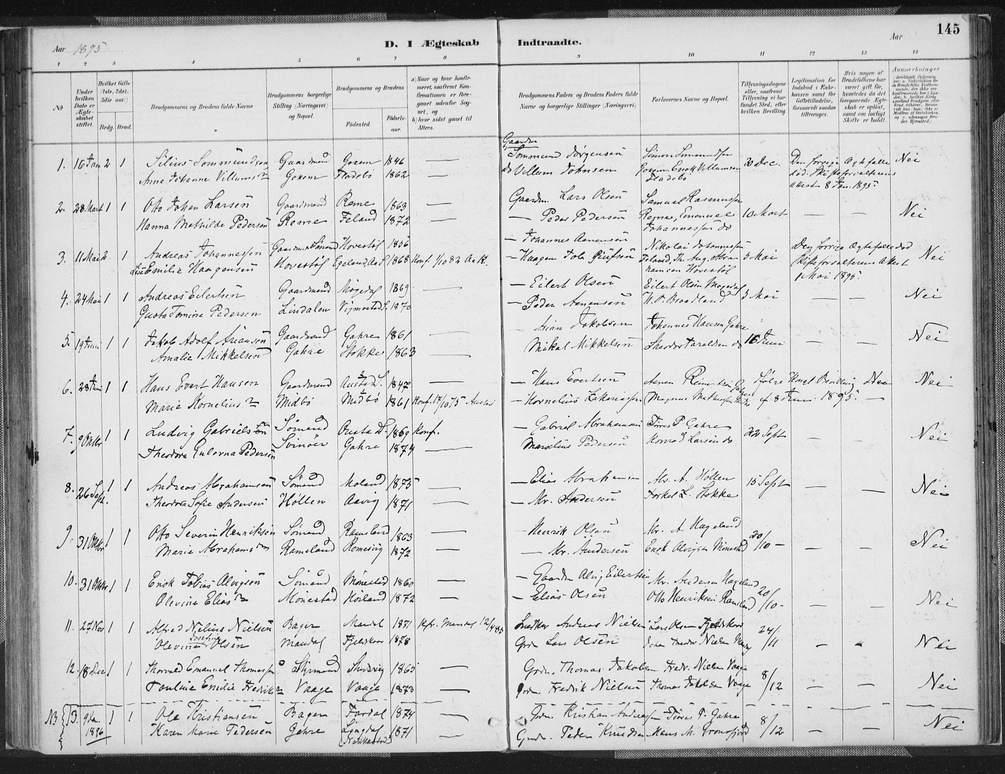 Sør-Audnedal sokneprestkontor, AV/SAK-1111-0039/F/Fa/Faa/L0004: Parish register (official) no. A 4, 1884-1909, p. 145