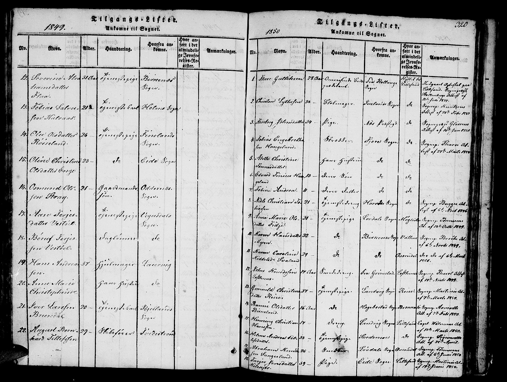 Vestre Moland sokneprestkontor, AV/SAK-1111-0046/F/Fb/Fbb/L0001: Parish register (copy) no. B 1, 1816-1851, p. 320